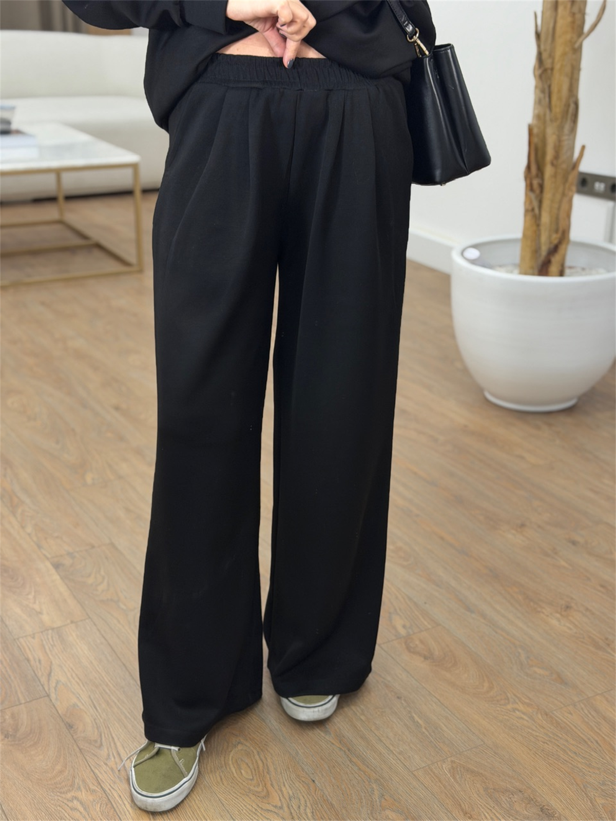 Fermuar Detaylı Sweatshirt Pantolon Modal Takım - Siyah