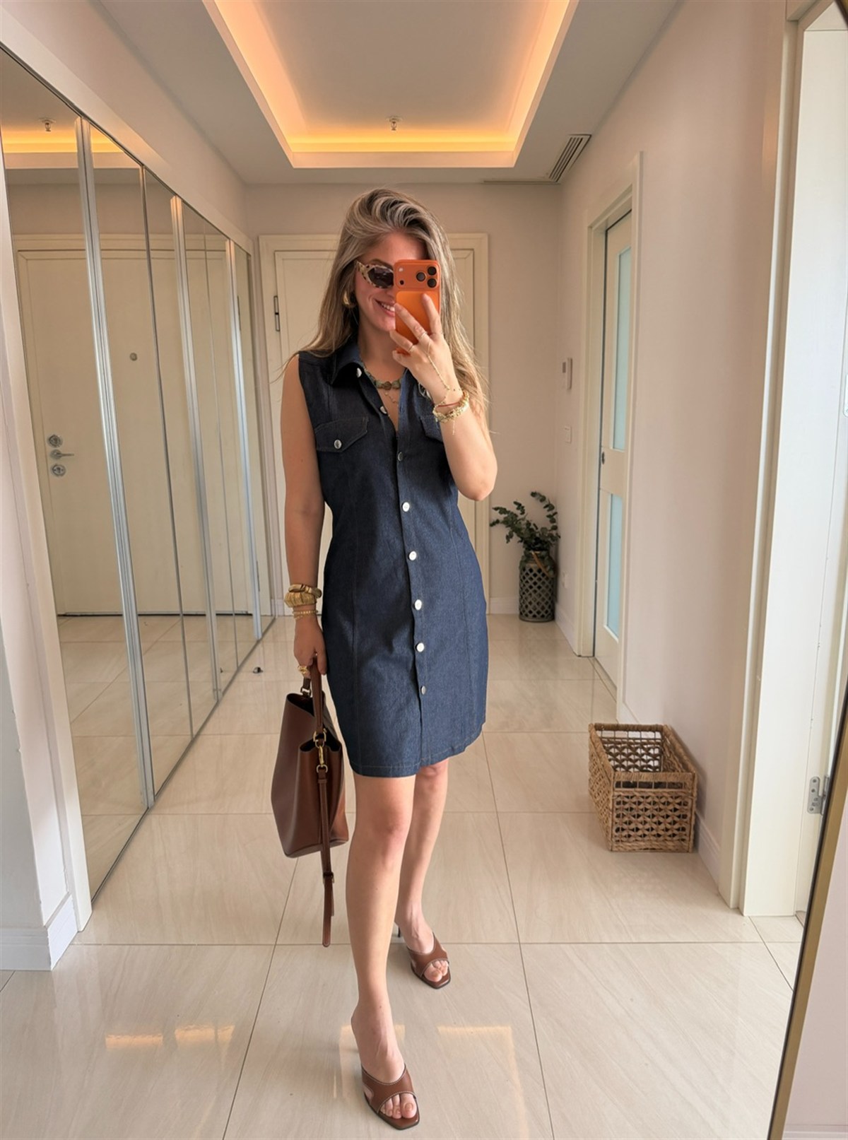 Polo Yaka Likralı Denim Elbise