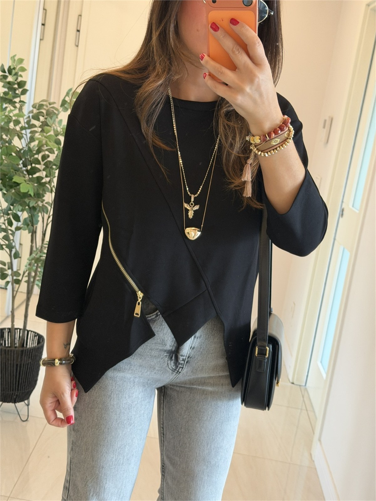 Fermuar Detaylı Modal Sweatshirt-Siyah