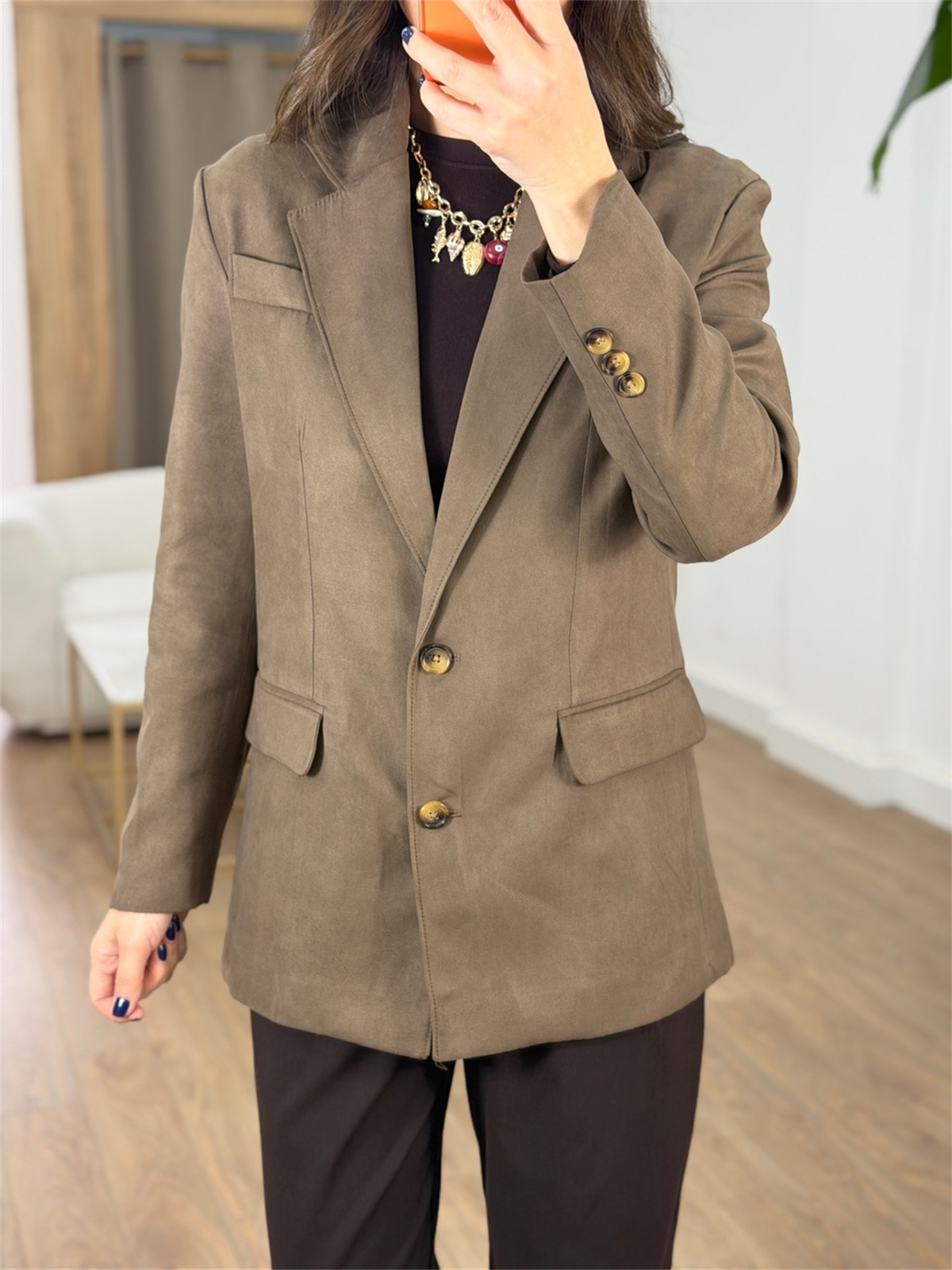 İki Düğmeli Süet Ceket - Sütlü Kahve