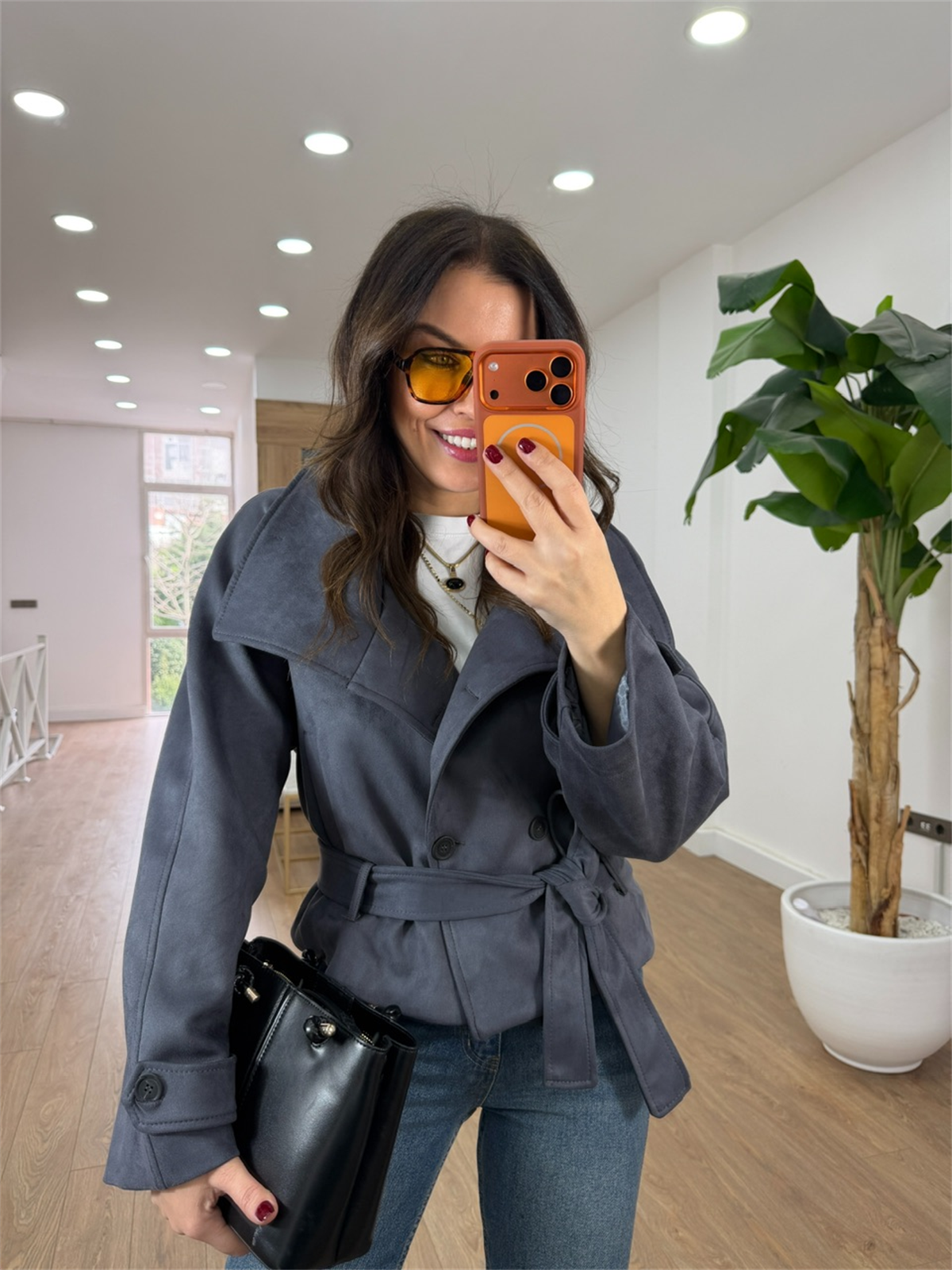 Dik Yaka Kuşaklı Süet Ceket - Füme 