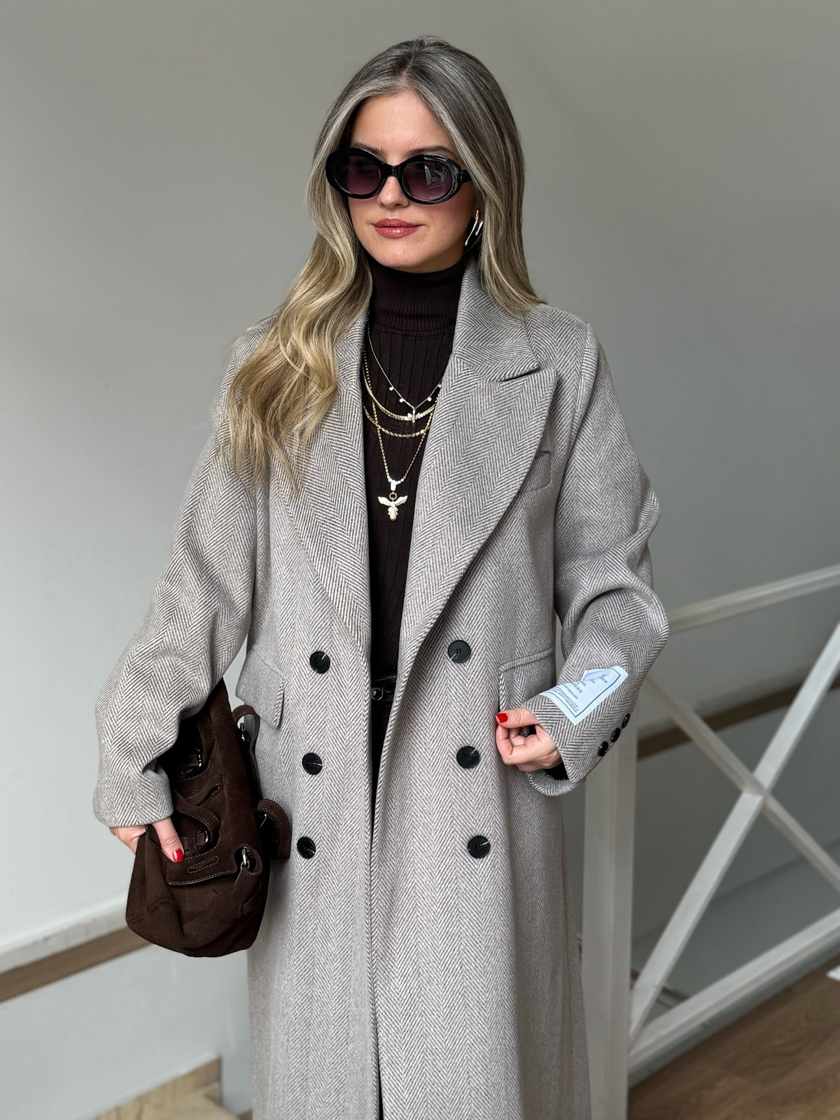 Kruvaze Yaka Balıksırtı Kaban - Sütlü Kahve