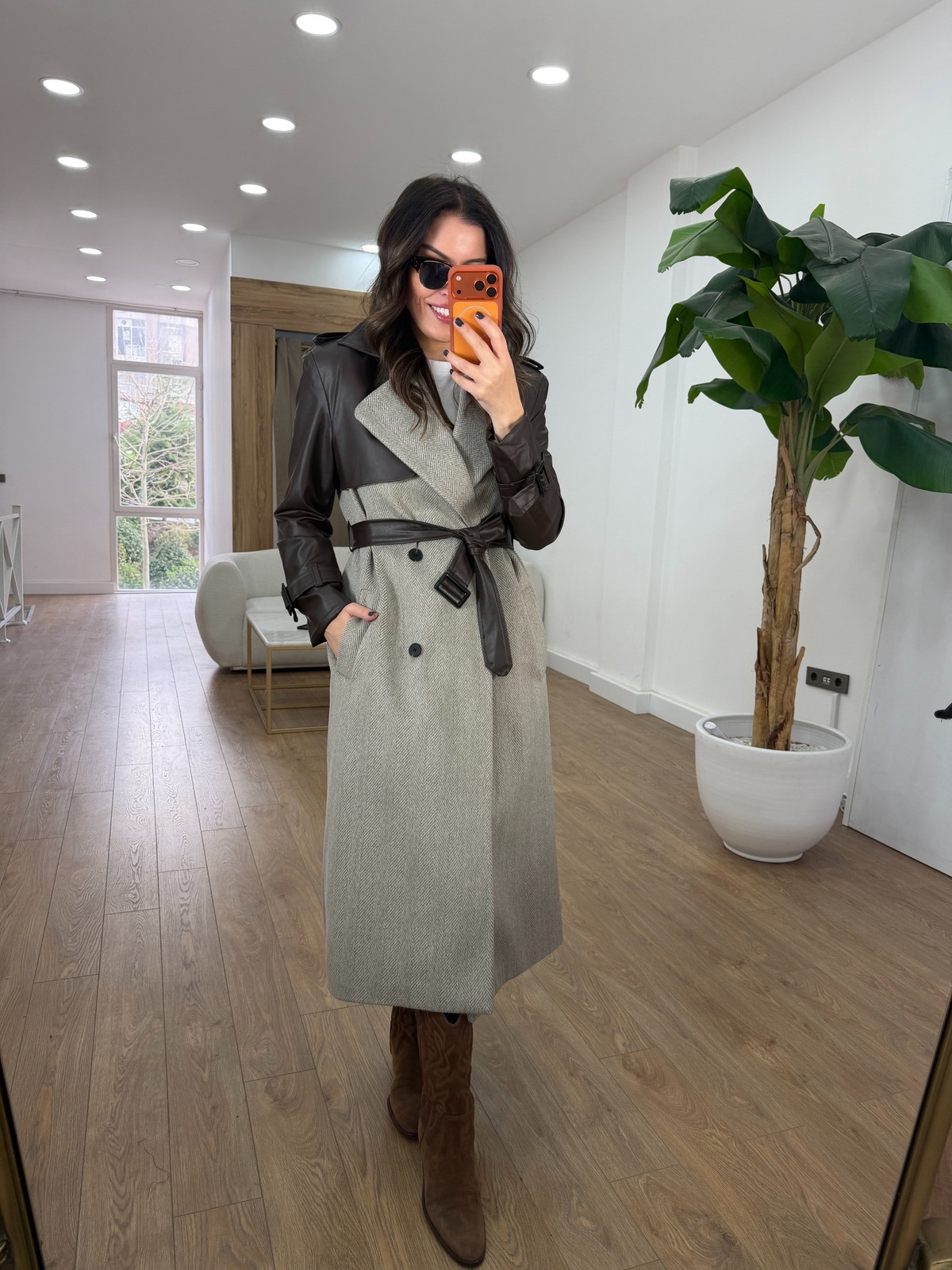 Premium Deri Detaylı Kırçıllı Kaban - Kahverengi