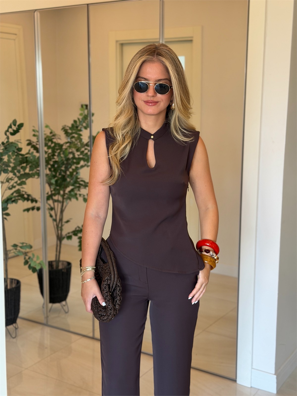 Damla Detaylı Bluz Pantolon Takım - Kahve