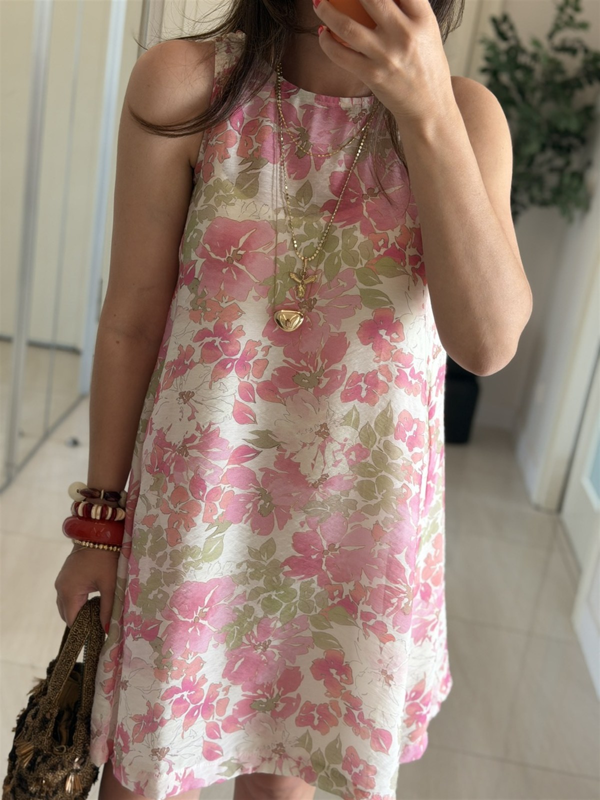 Çiçek Desenli Astarlı Elbise - Pembe 