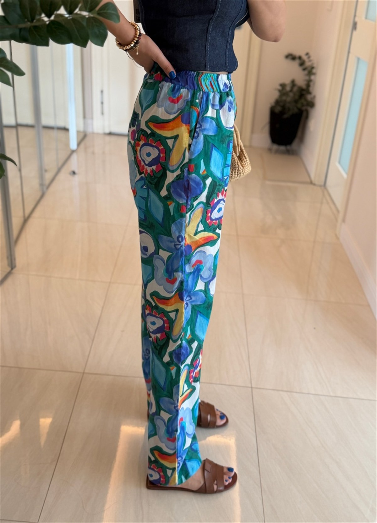 Beli Lastikli Renkli Vual Pantolon - Saks