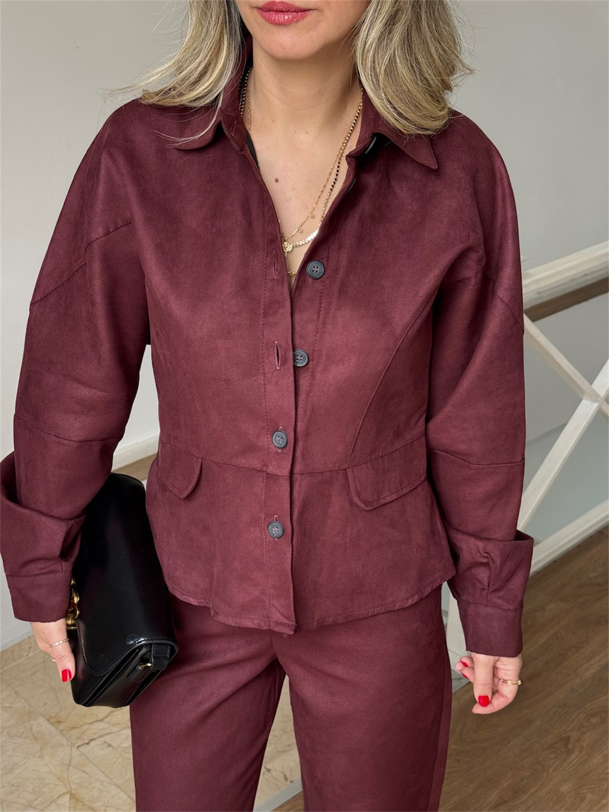 Önü Düğmeli Süet Pantolon Gömlek Takım - Bordo