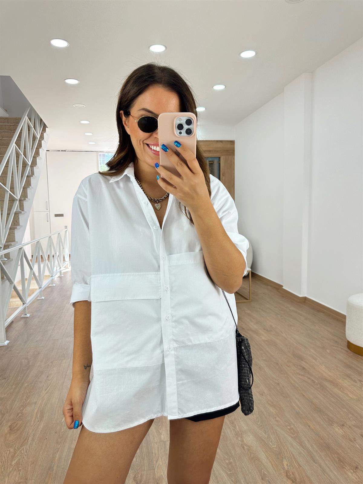 %100 Cotton Büyük Cepli Gömlek Beyaz