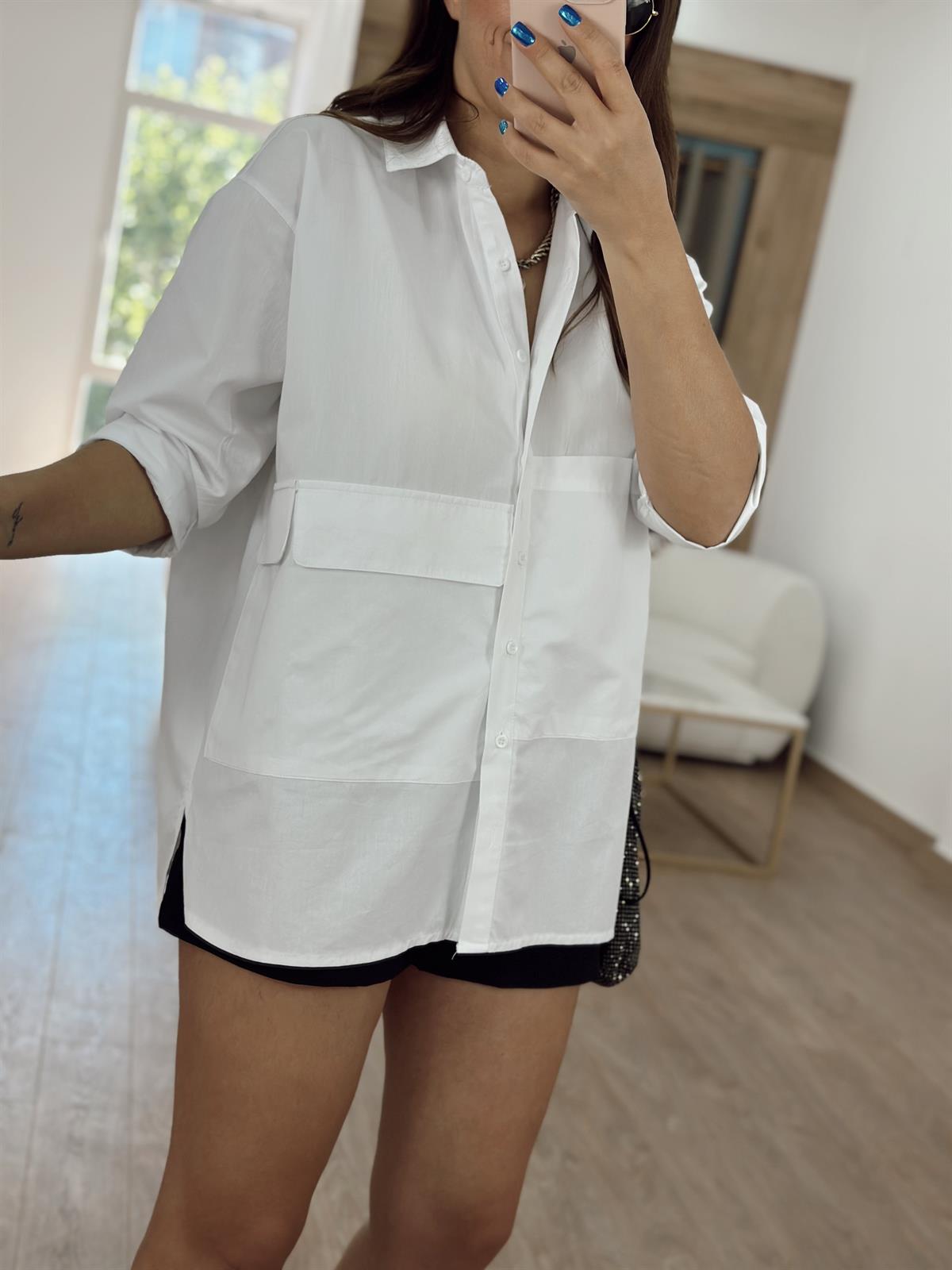 %100 Cotton Büyük Cepli Gömlek Beyaz
