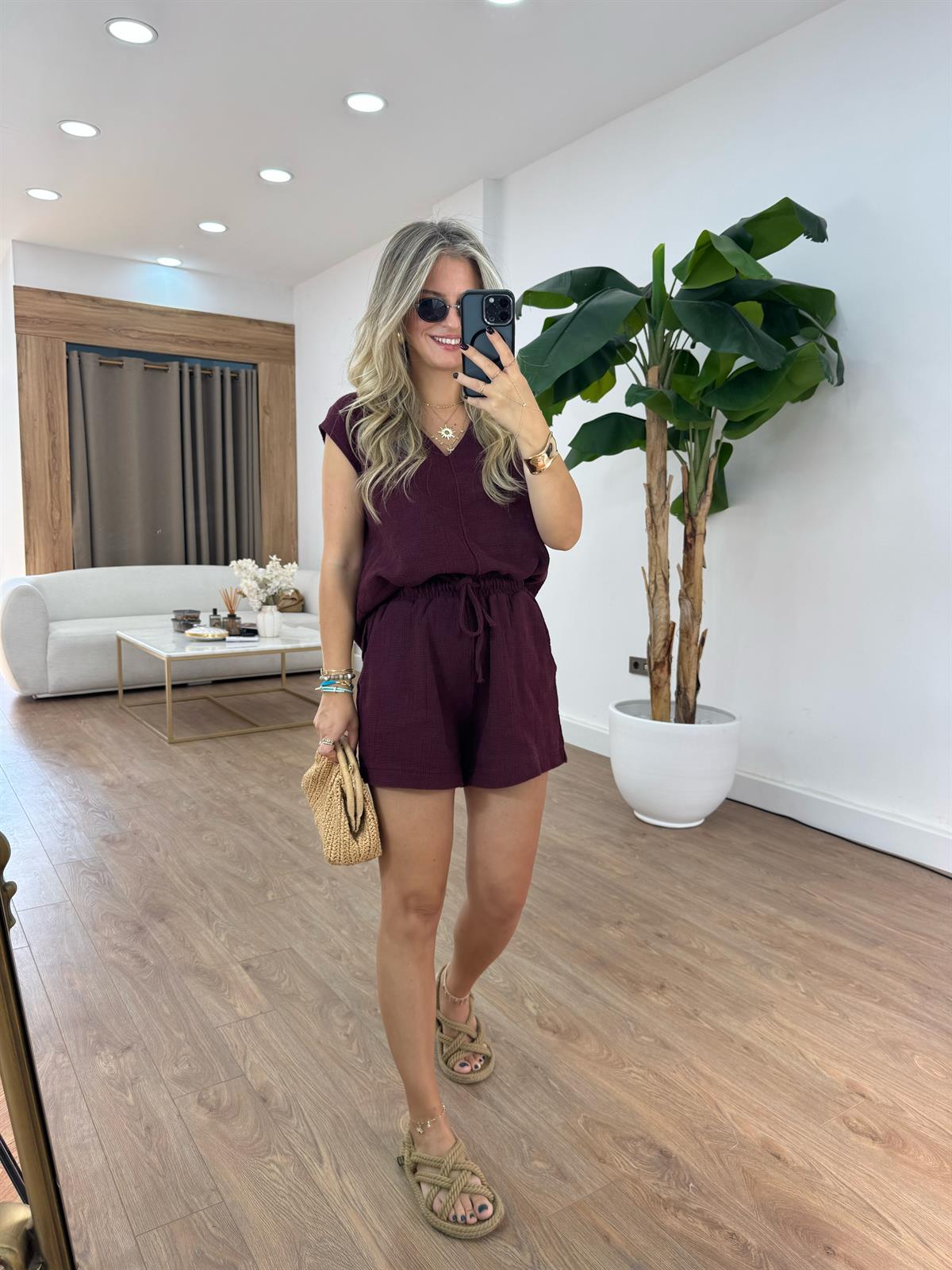 %100 Ham Keten Bluz Şort Takım - Bordo