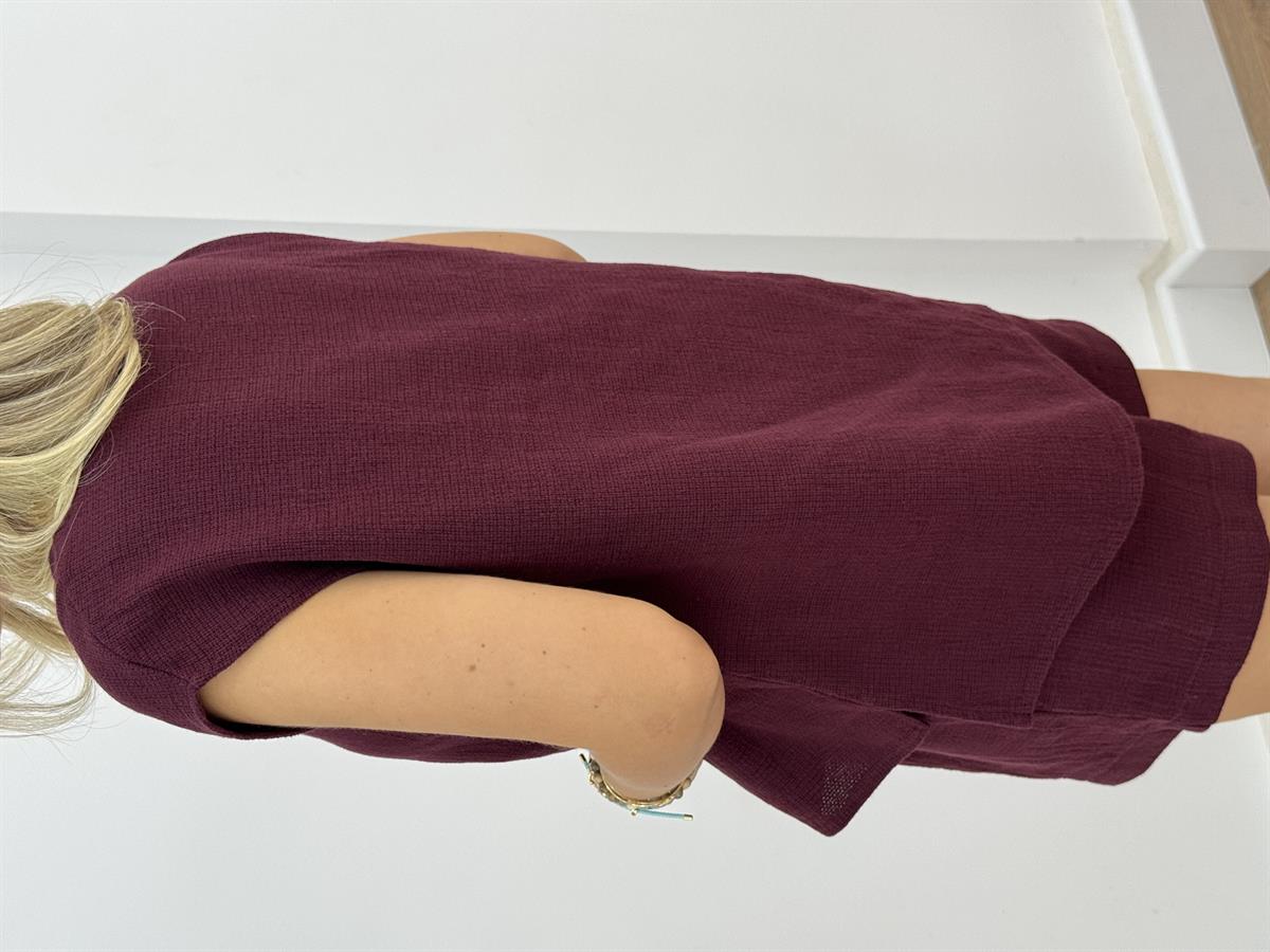 %100 Ham Keten Bluz Şort Takım - Bordo