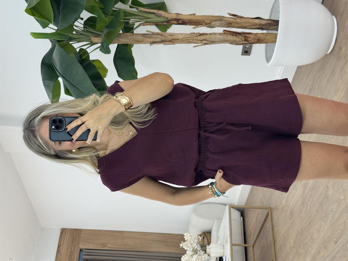 %100 Ham Keten Bluz Şort Takım - Bordo