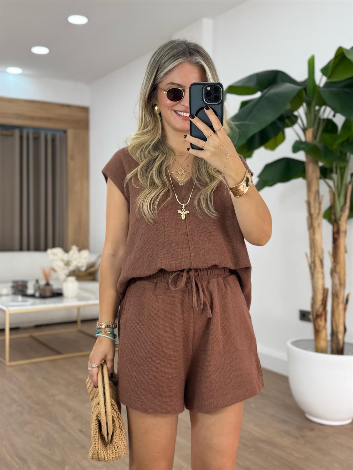 %100 Ham Keten Bluz Şort Takım - Kahverengi