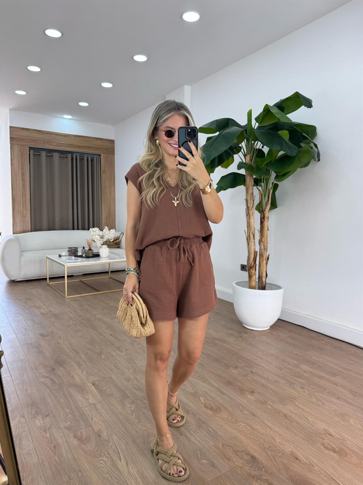 %100 Ham Keten Bluz Şort Takım - Kahverengi