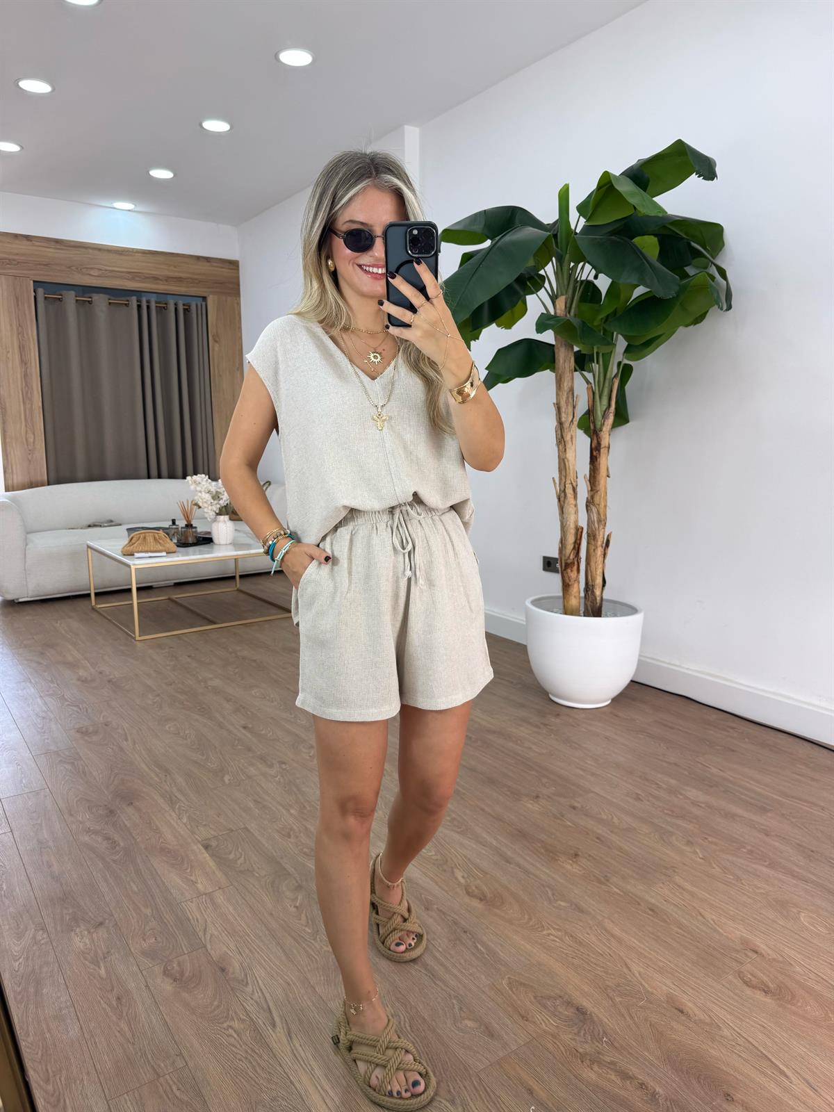 %100 Ham Keten Bluz Şort Takım - Naturel 