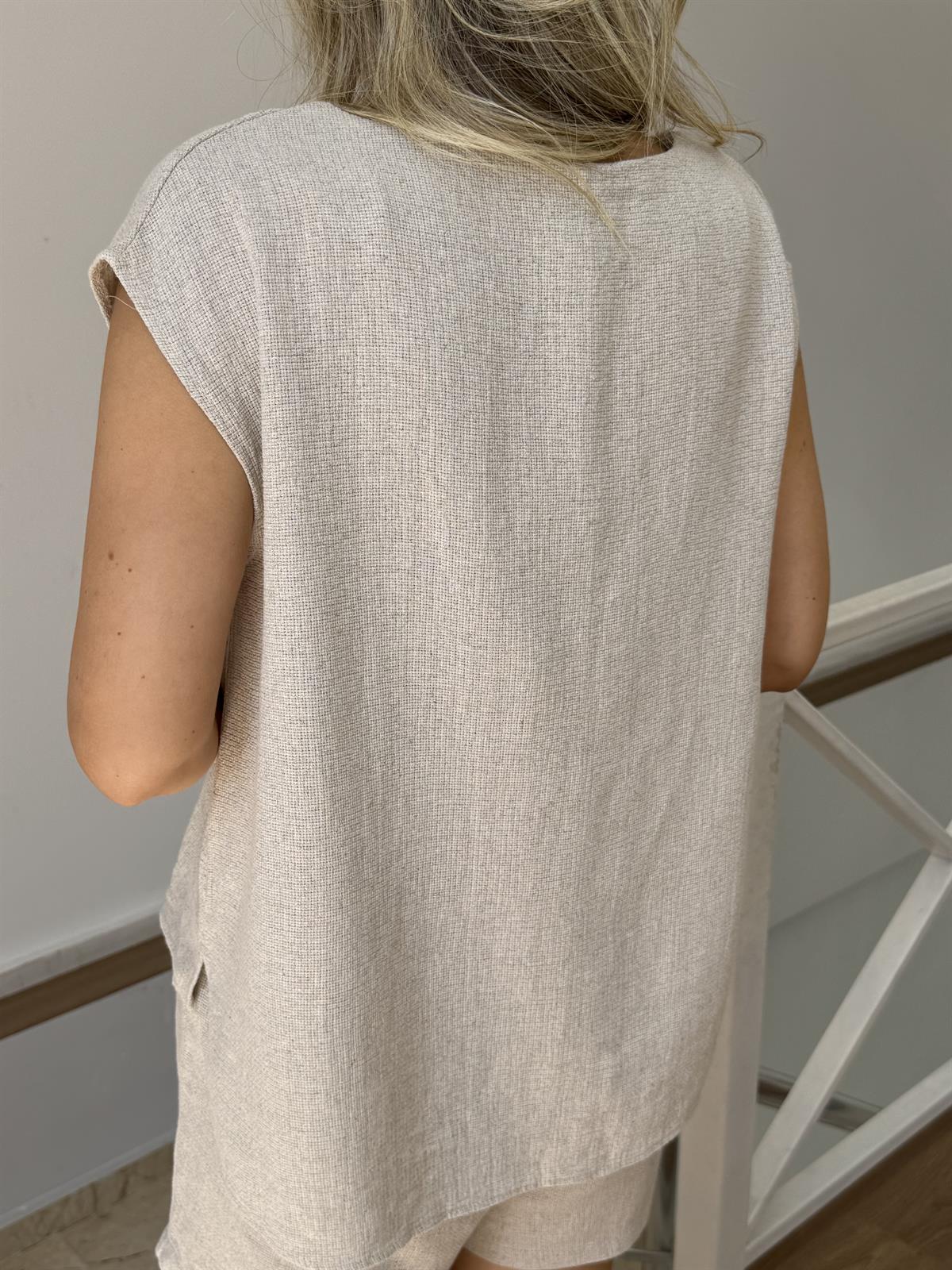 %100 Ham Keten Bluz Şort Takım - Naturel 