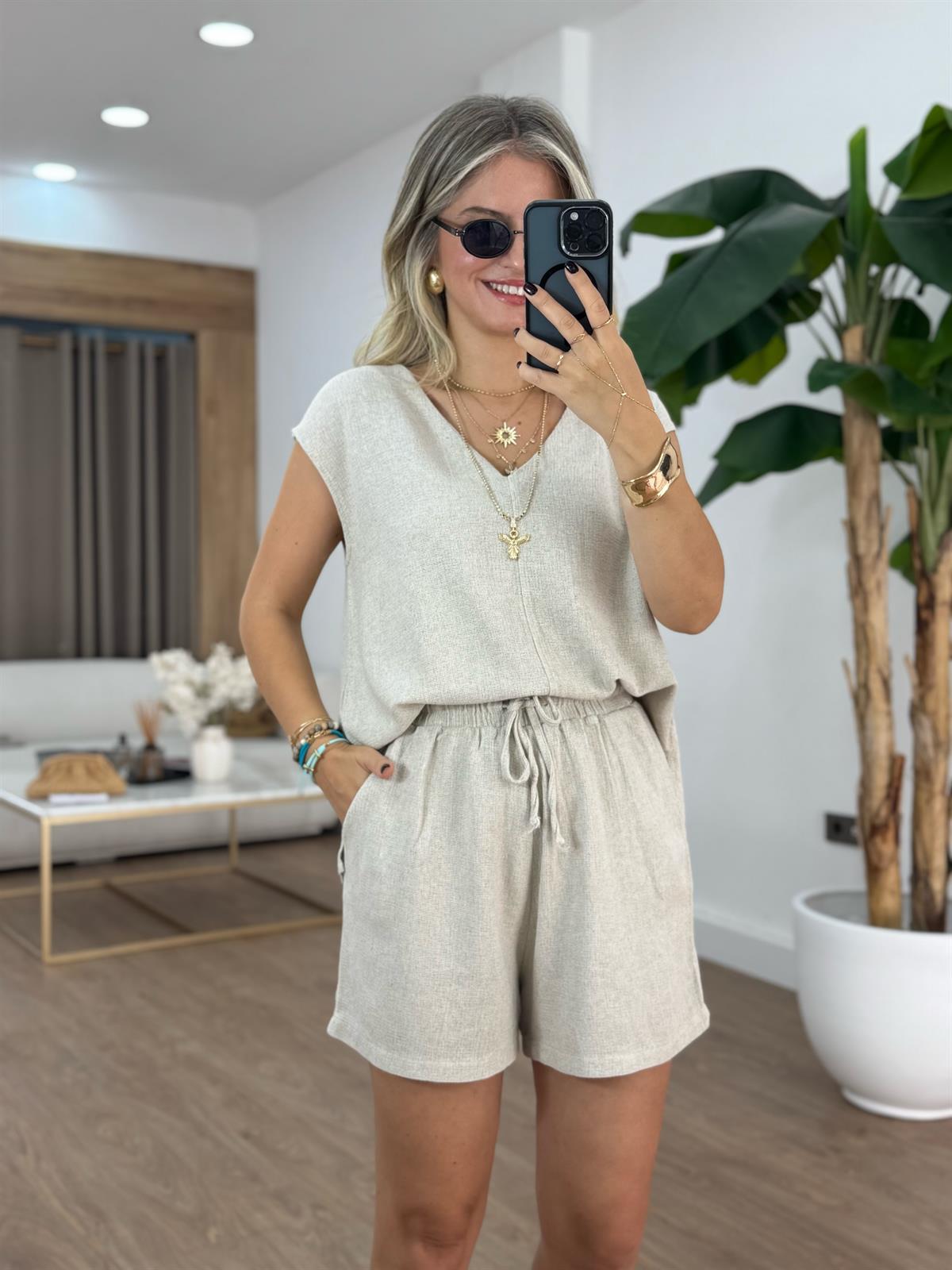 %100 Ham Keten Bluz Şort Takım - Naturel 
