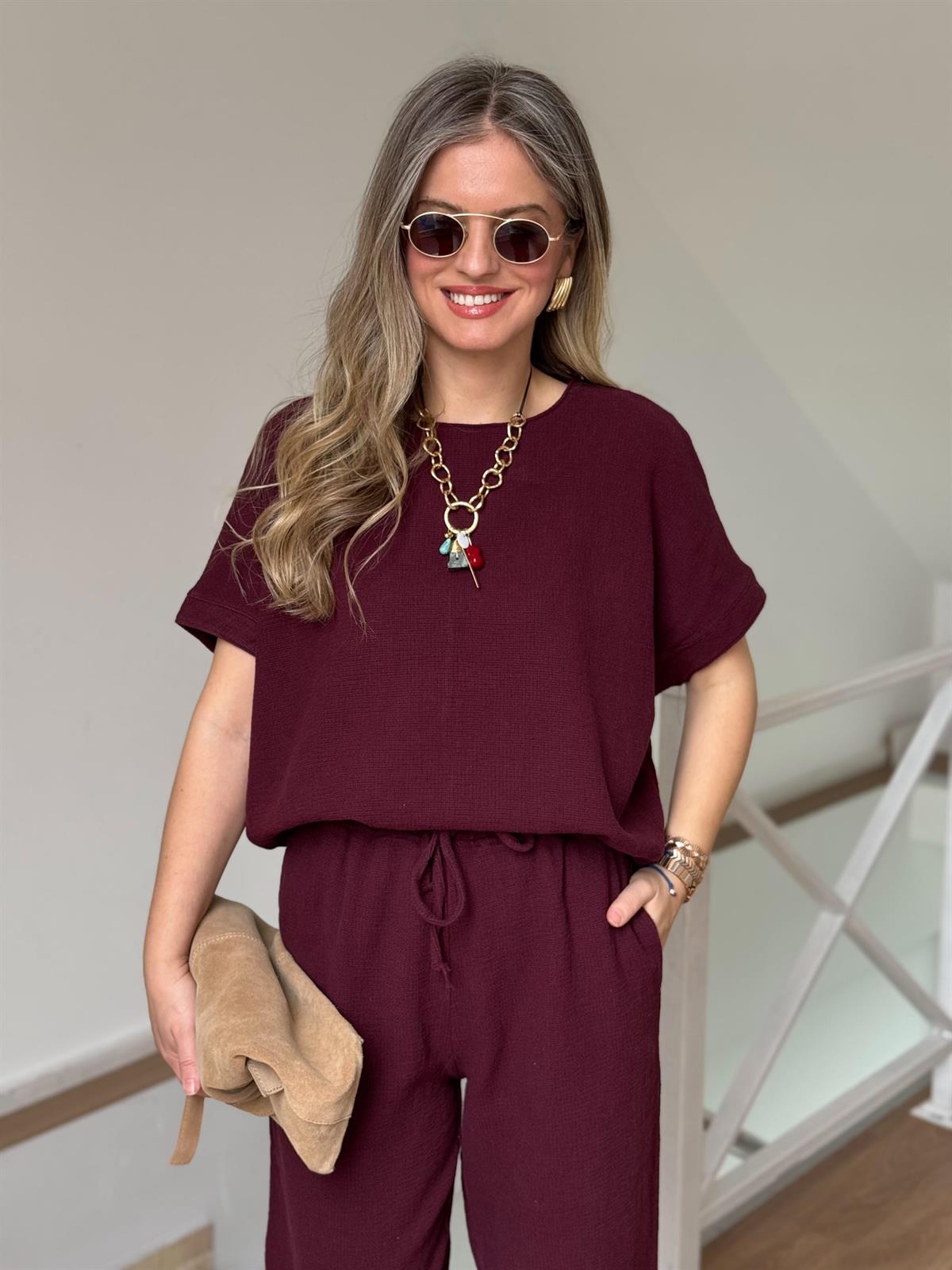 %100 Ham Keten Kısa Kollu Salaş Takım - Bordo