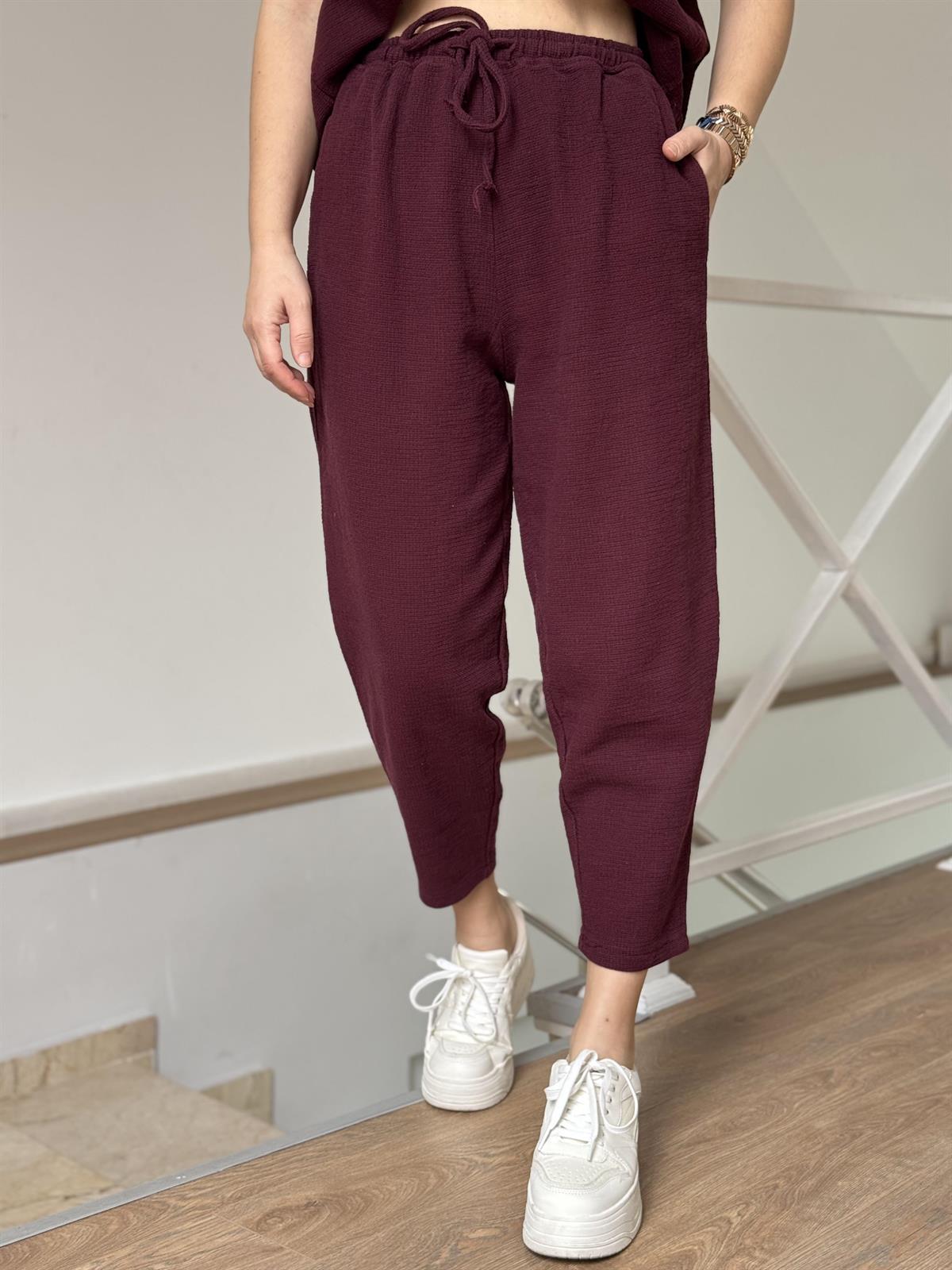 %100 Ham Keten Kısa Kollu Salaş Takım - Bordo