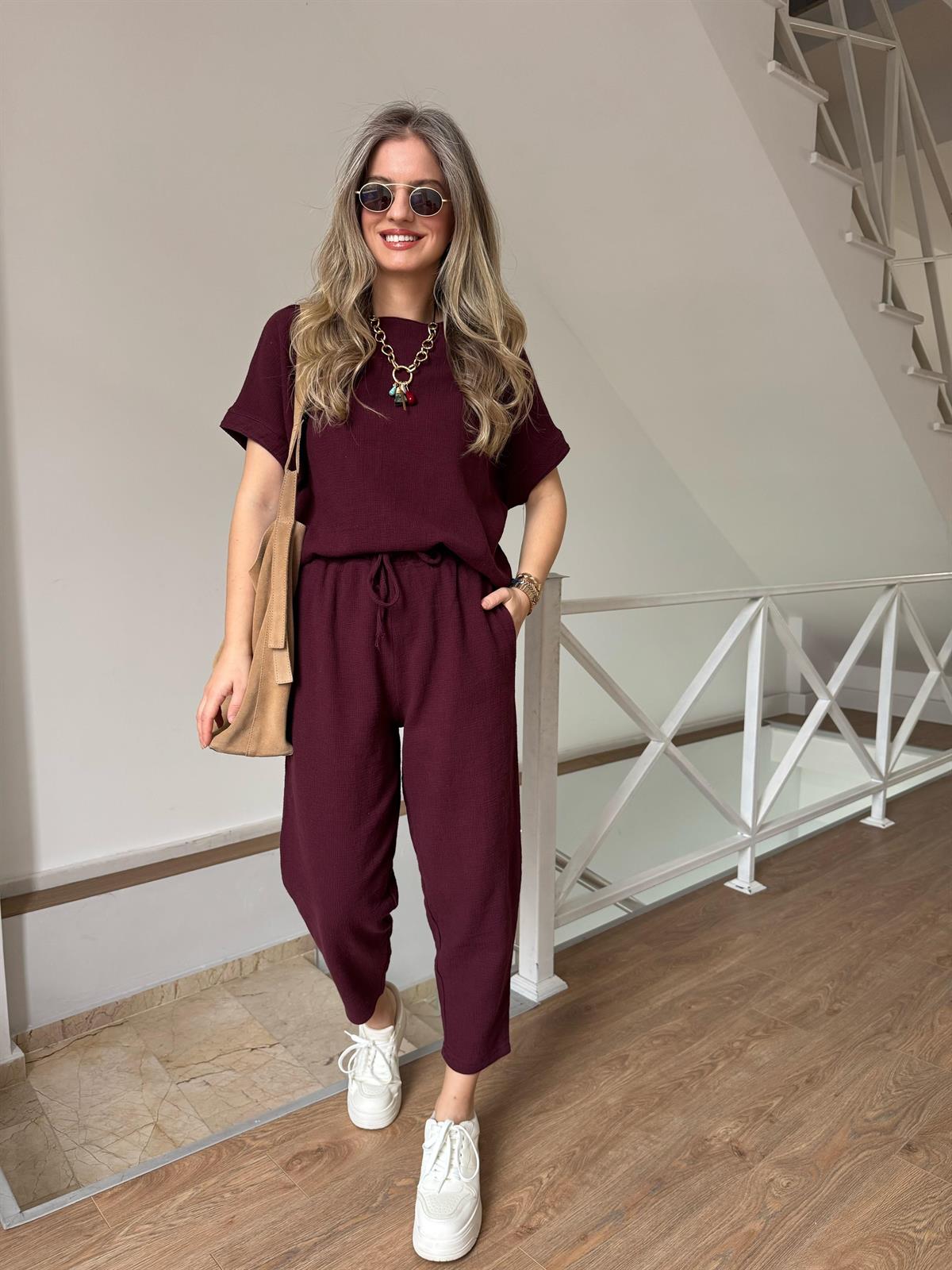 %100 Ham Keten Kısa Kollu Salaş Takım - Bordo