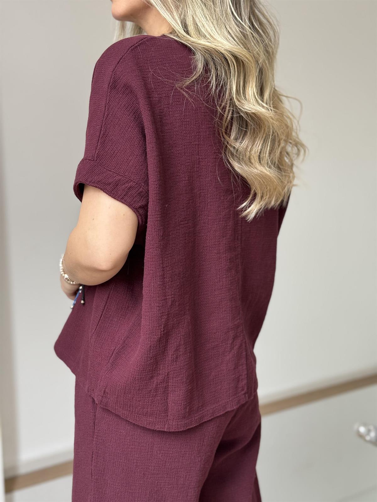 %100 Ham Keten Kısa Kollu Salaş Takım - Bordo