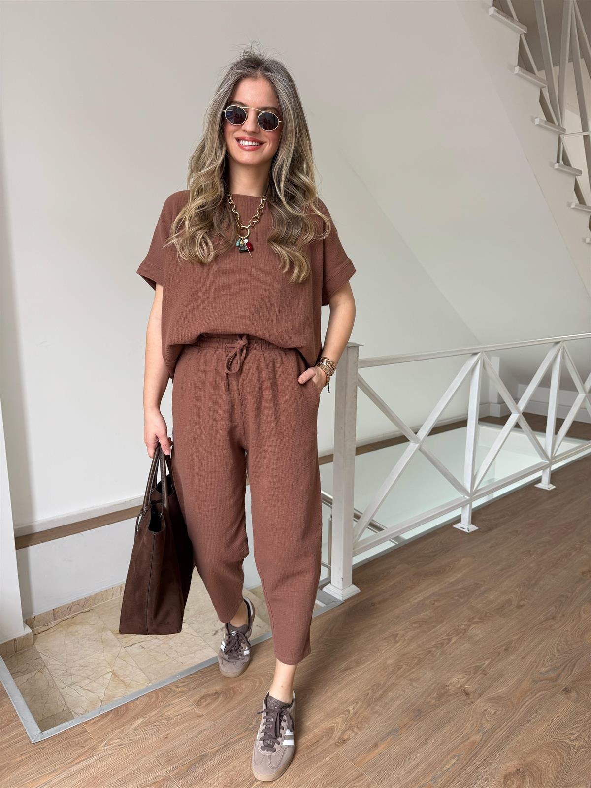 %100 Ham Keten Kısa Kollu Salaş Takım - Kahverengi