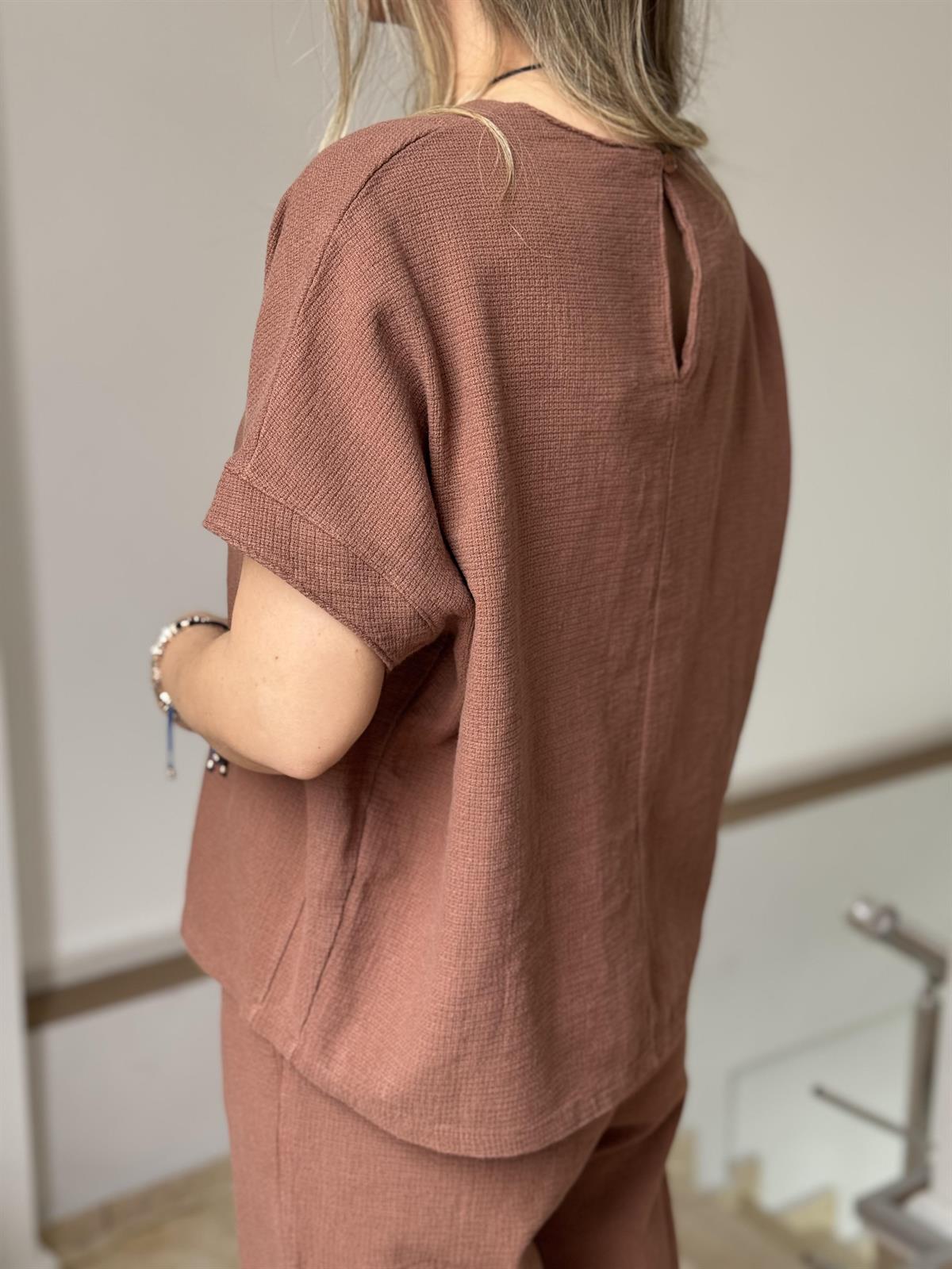 %100 Ham Keten Kısa Kollu Salaş Takım - Kahverengi