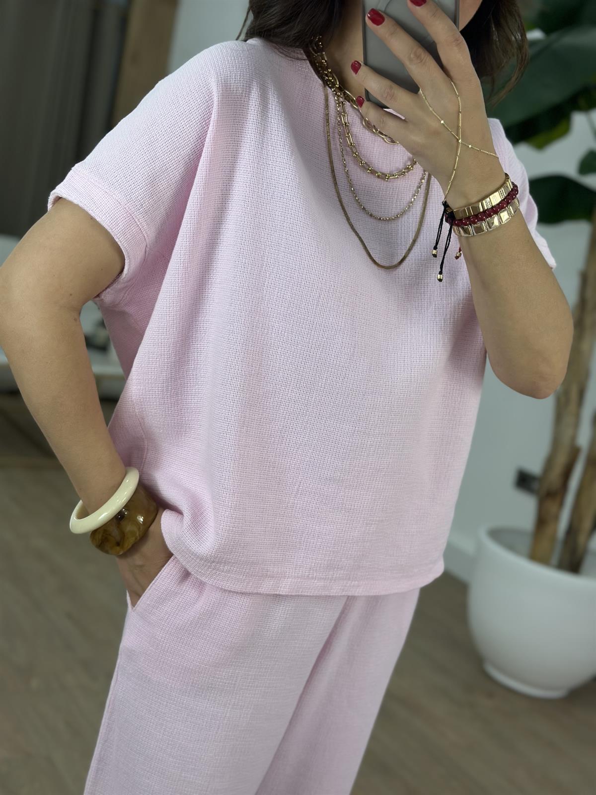 %100 Ham Keten Kısa Kollu Salaş Takım - Pembe