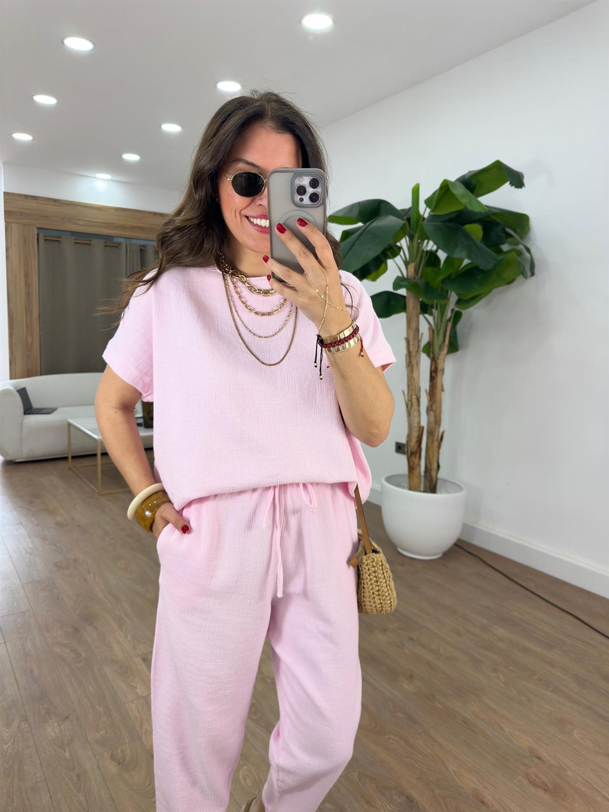 %100 Ham Keten Kısa Kollu Salaş Takım - Pembe