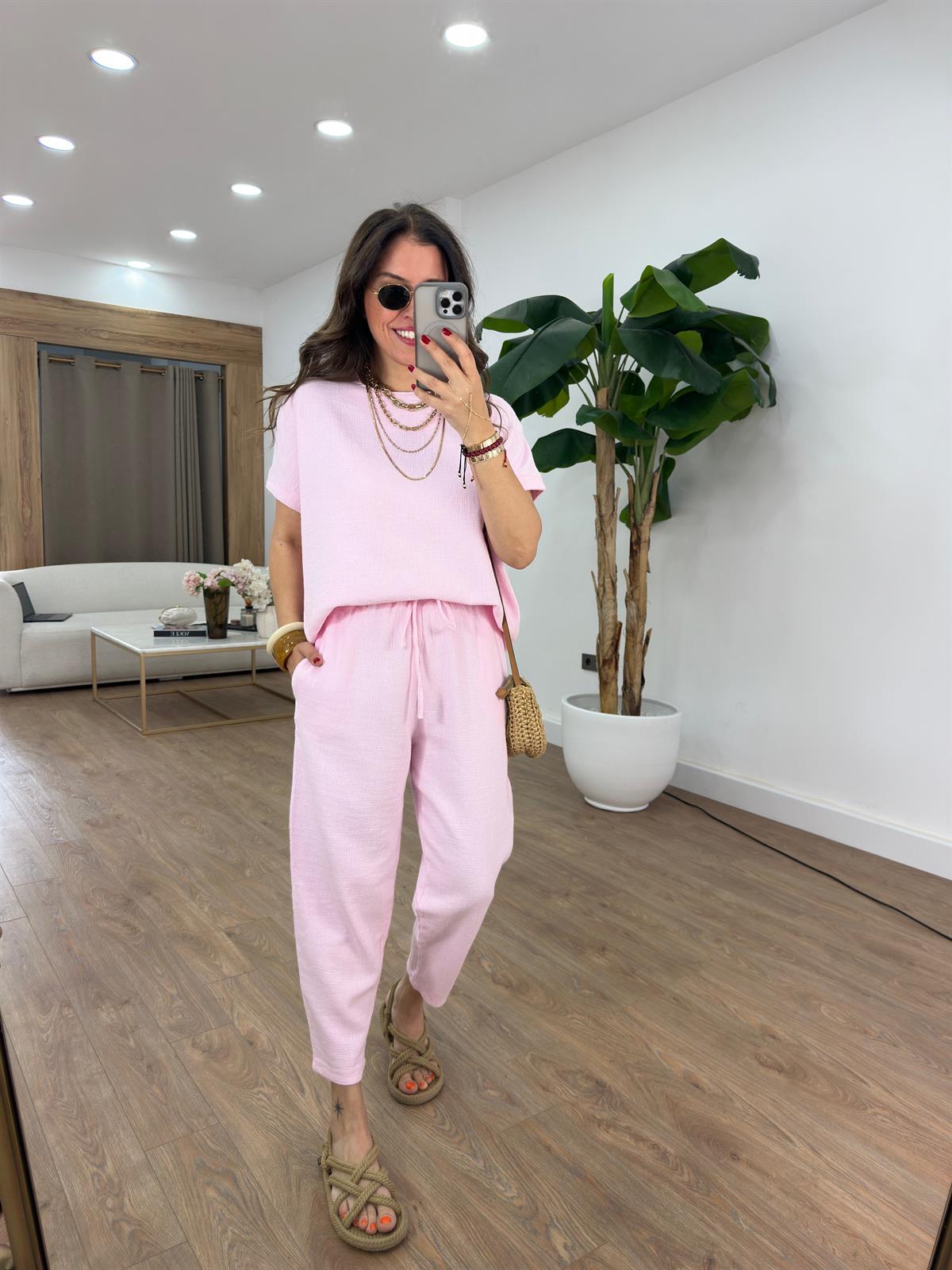 %100 Ham Keten Kısa Kollu Salaş Takım - Pembe