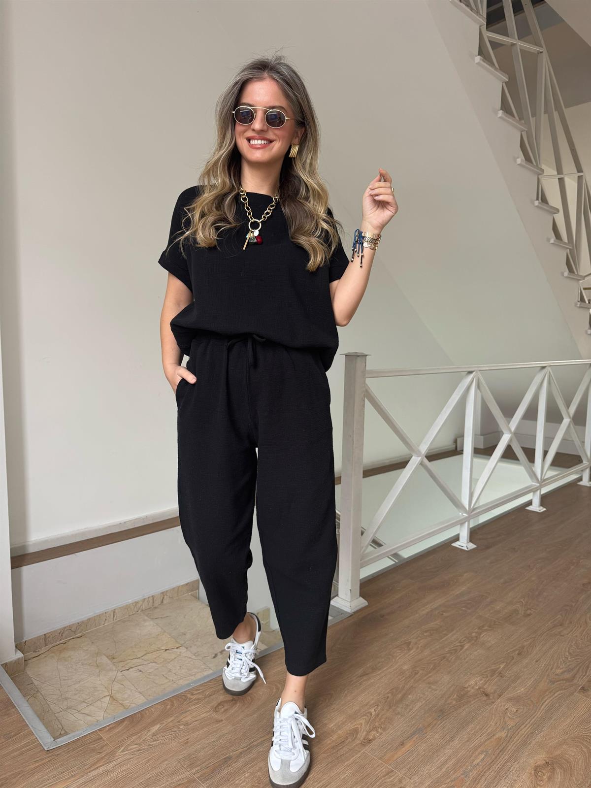 %100 Ham Keten Kısa Kollu Salaş Takım - Siyah