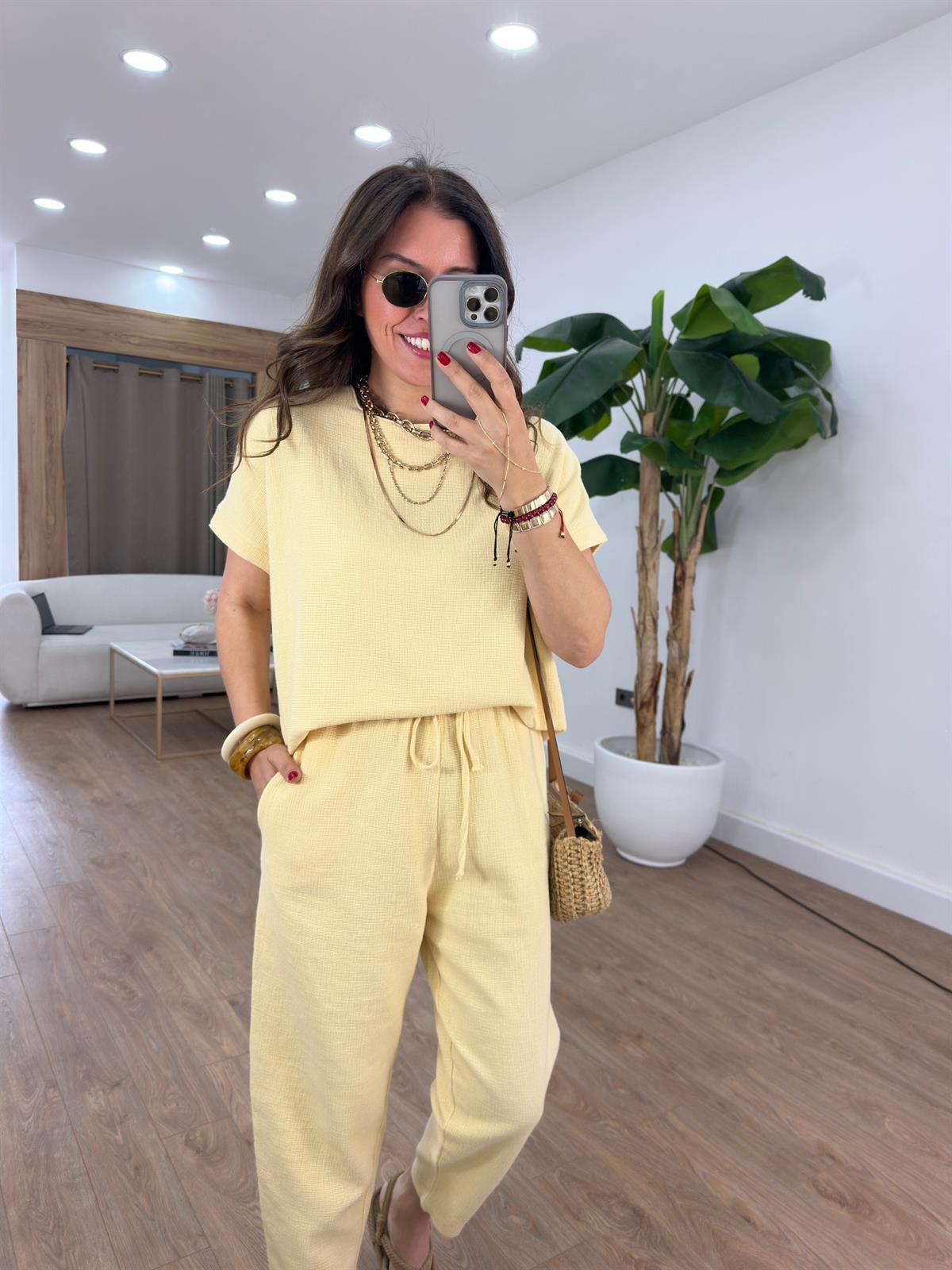 %100 Ham Keten Kısa Kollu Salaş Takım - Sarı