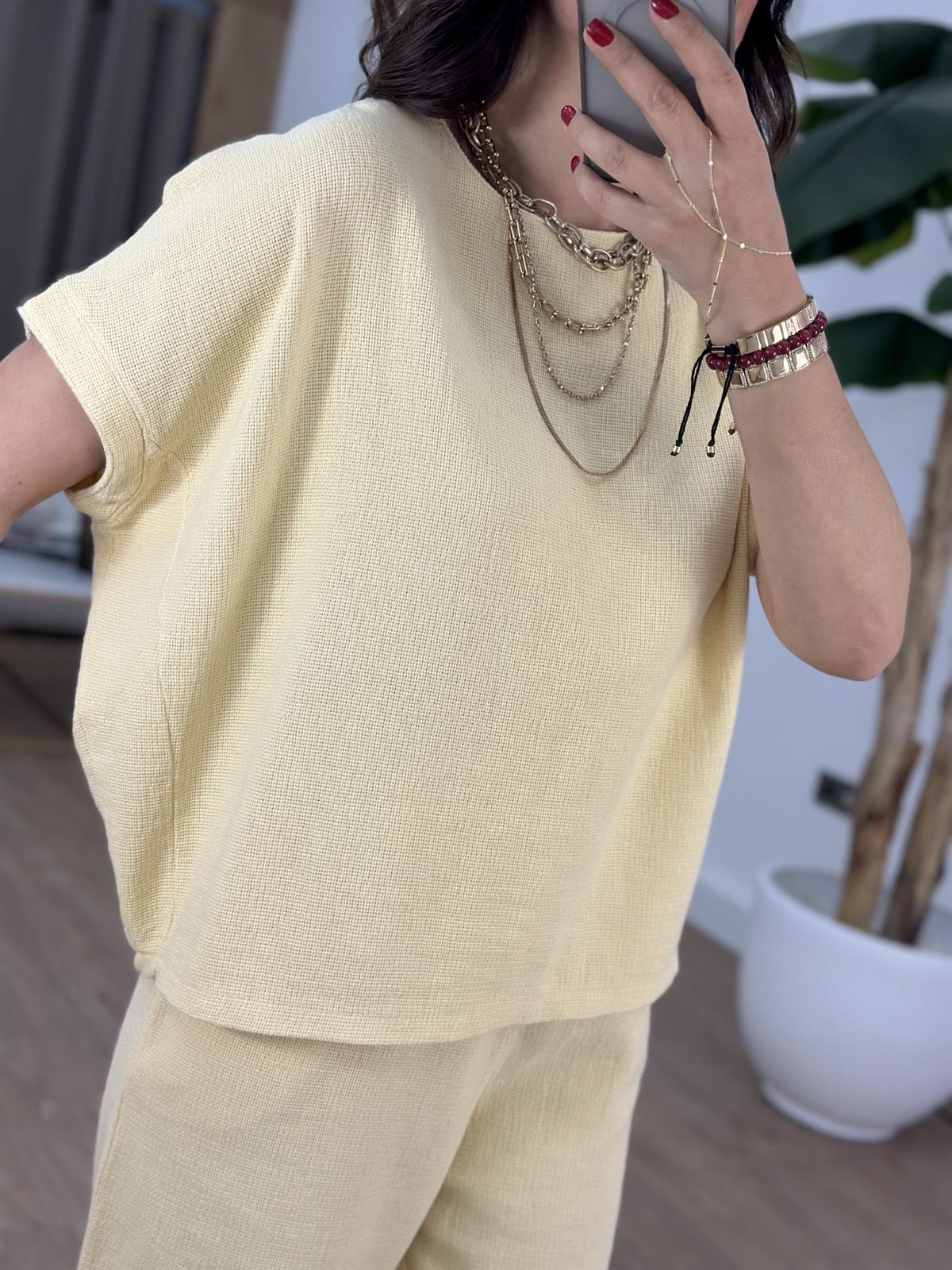 %100 Ham Keten Kısa Kollu Salaş Takım - Sarı