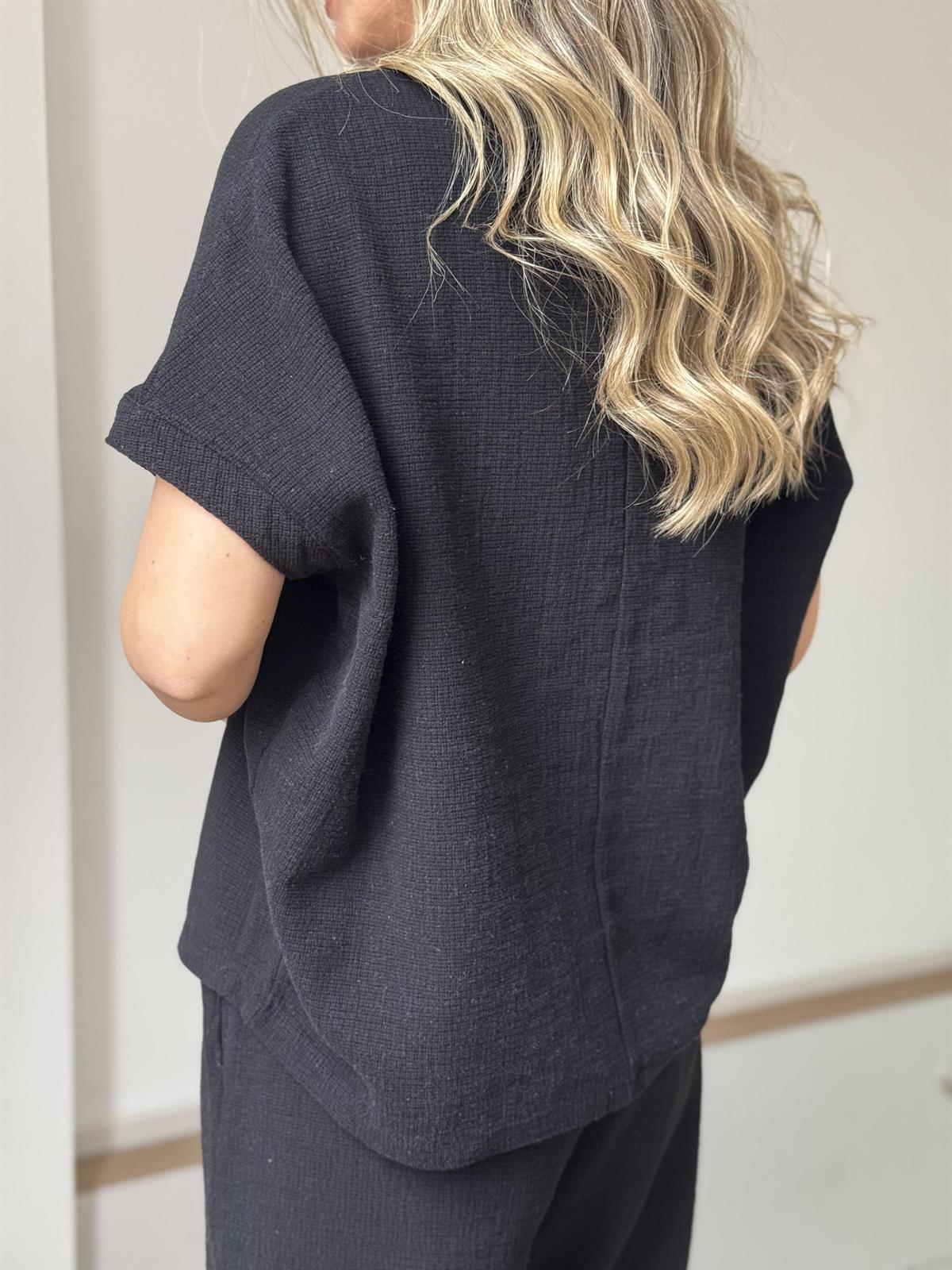 %100 Ham Keten Kısa Kollu Salaş Takım - Siyah