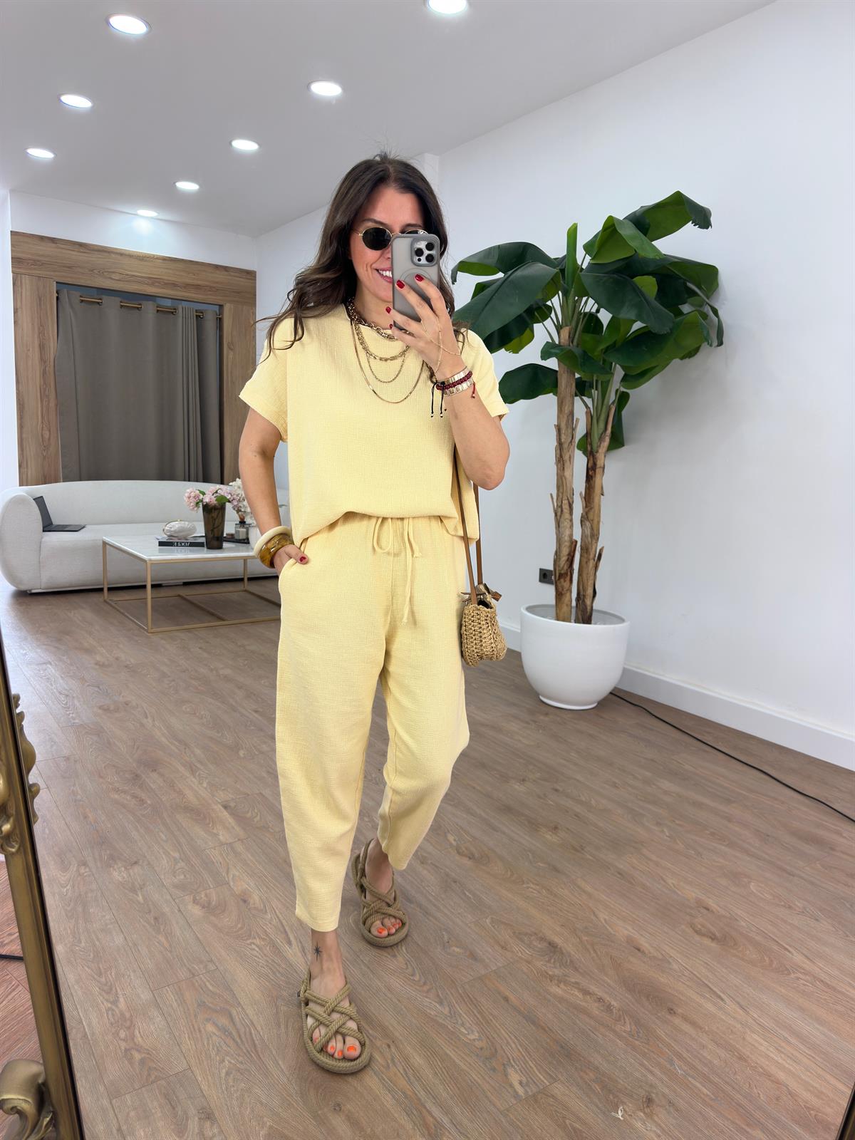 %100 Ham Keten Kısa Kollu Salaş Takım - Sarı