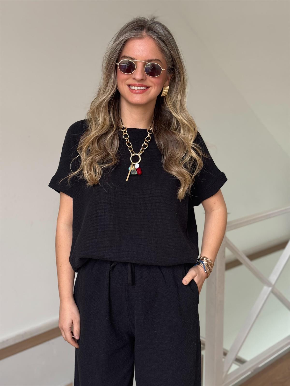 %100 Ham Keten Kısa Kollu Salaş Takım - Siyah