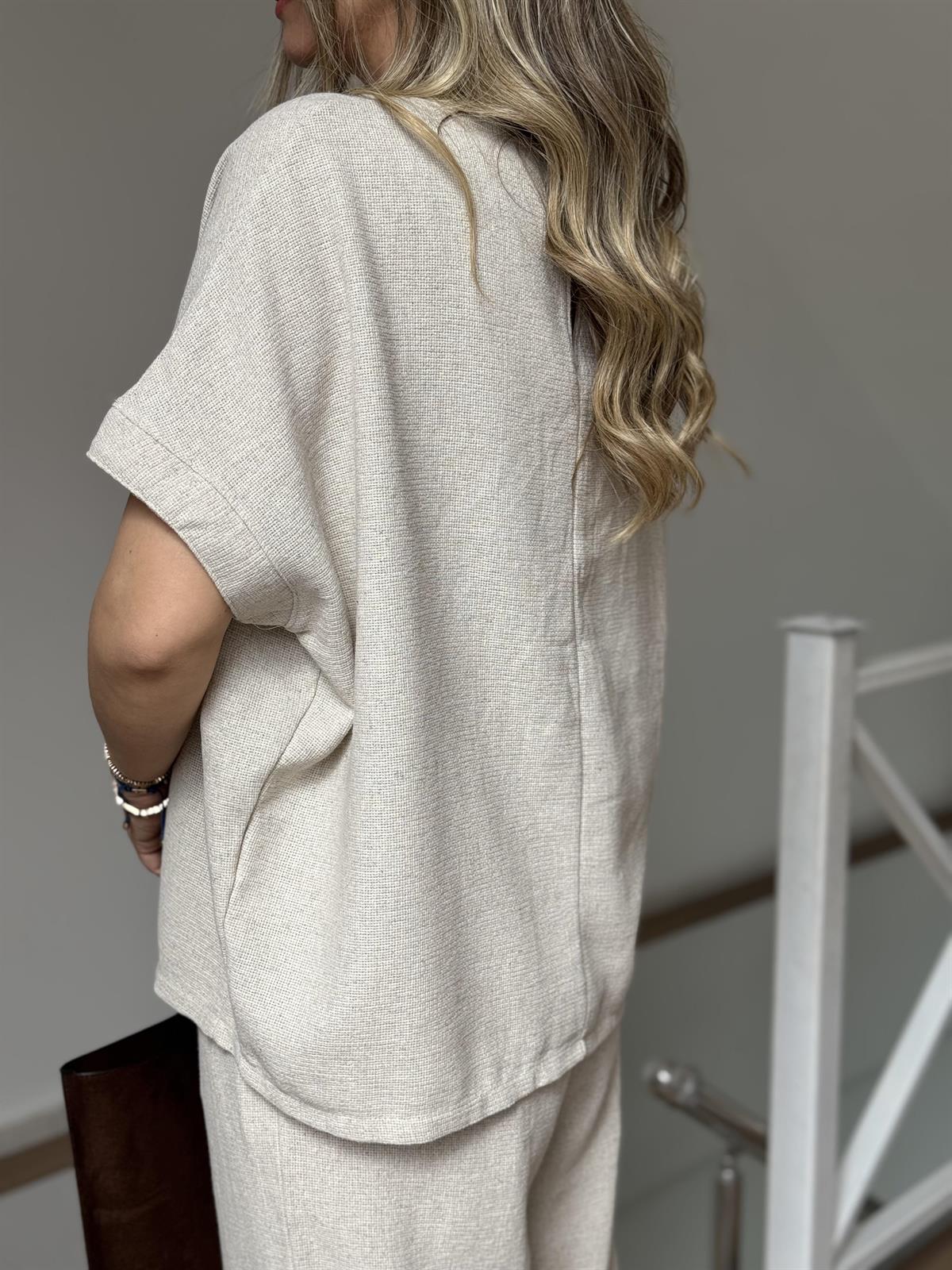 %100 Ham Keten Kısa Kollu Salaş Takım - Natürel