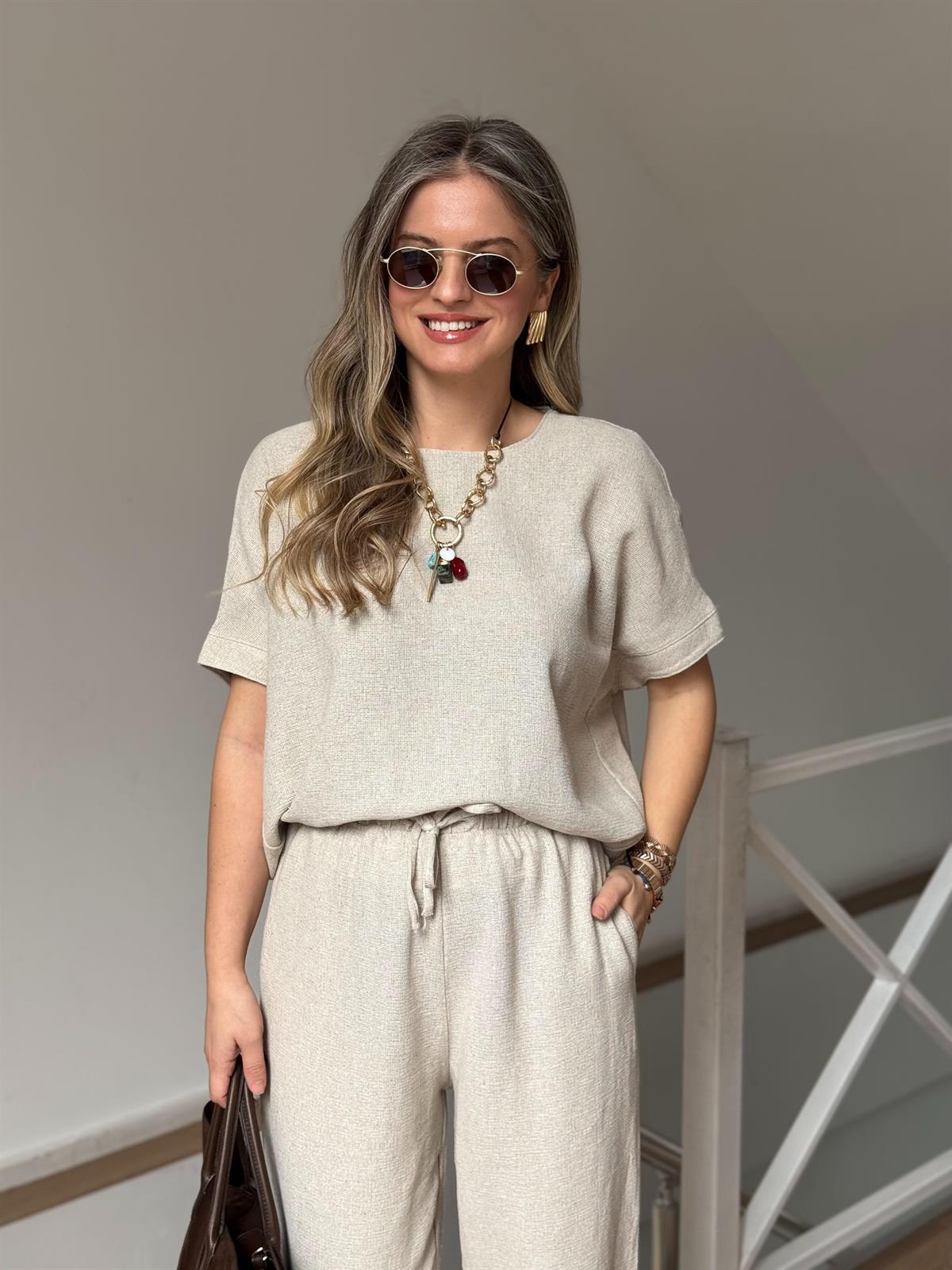 %100 Ham Keten Kısa Kollu Salaş Takım - Natürel