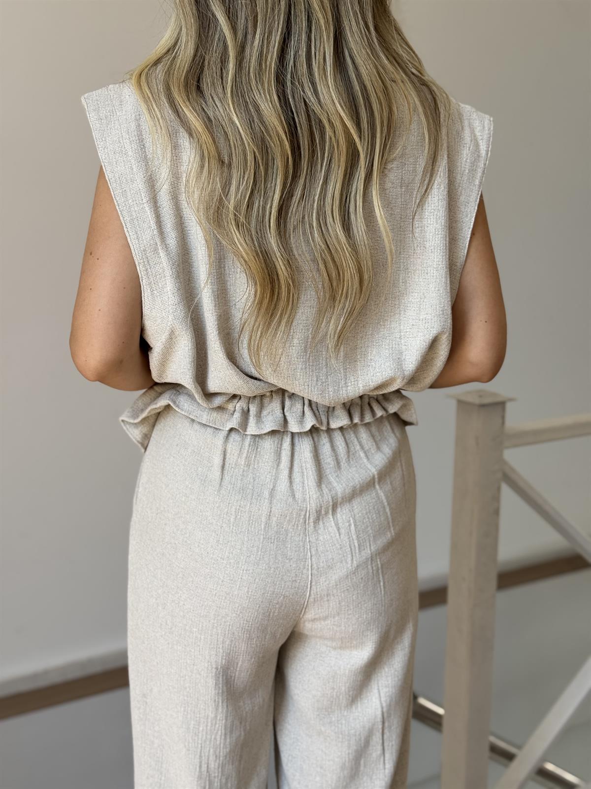 %100 Ham Keten Yelekli Takım - Naturel