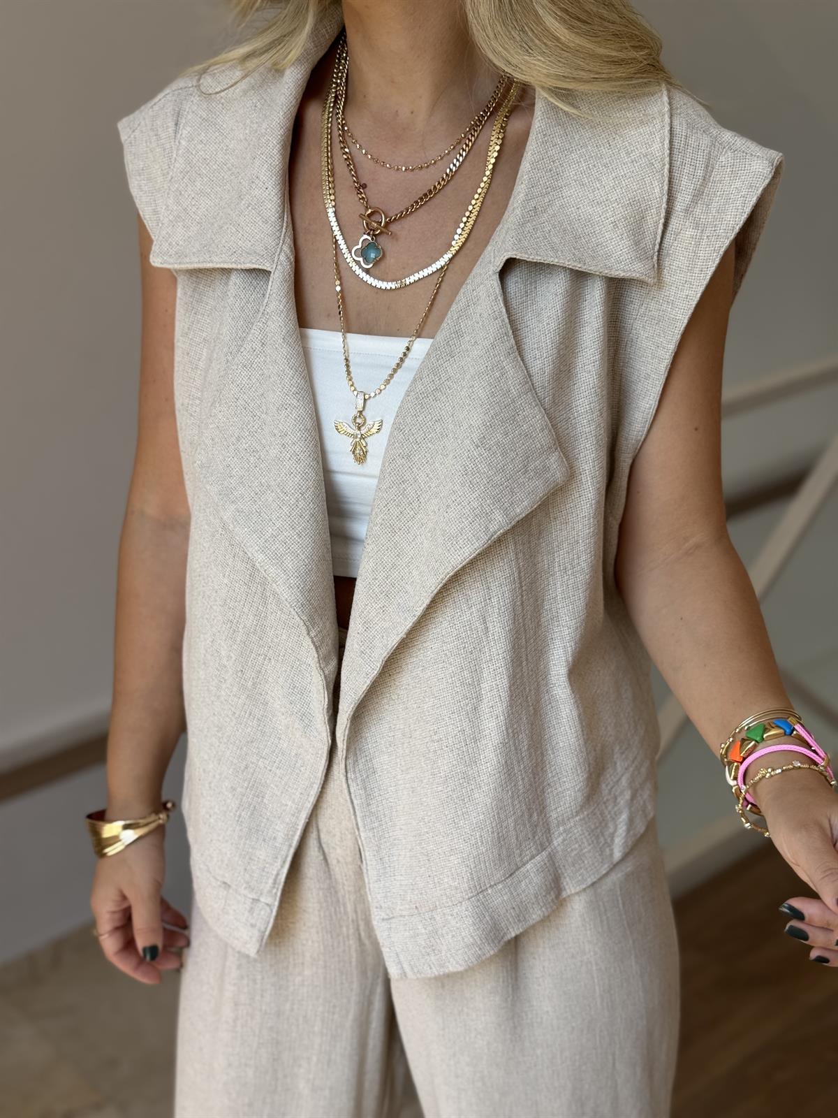 %100 Ham Keten Yelekli Takım - Naturel