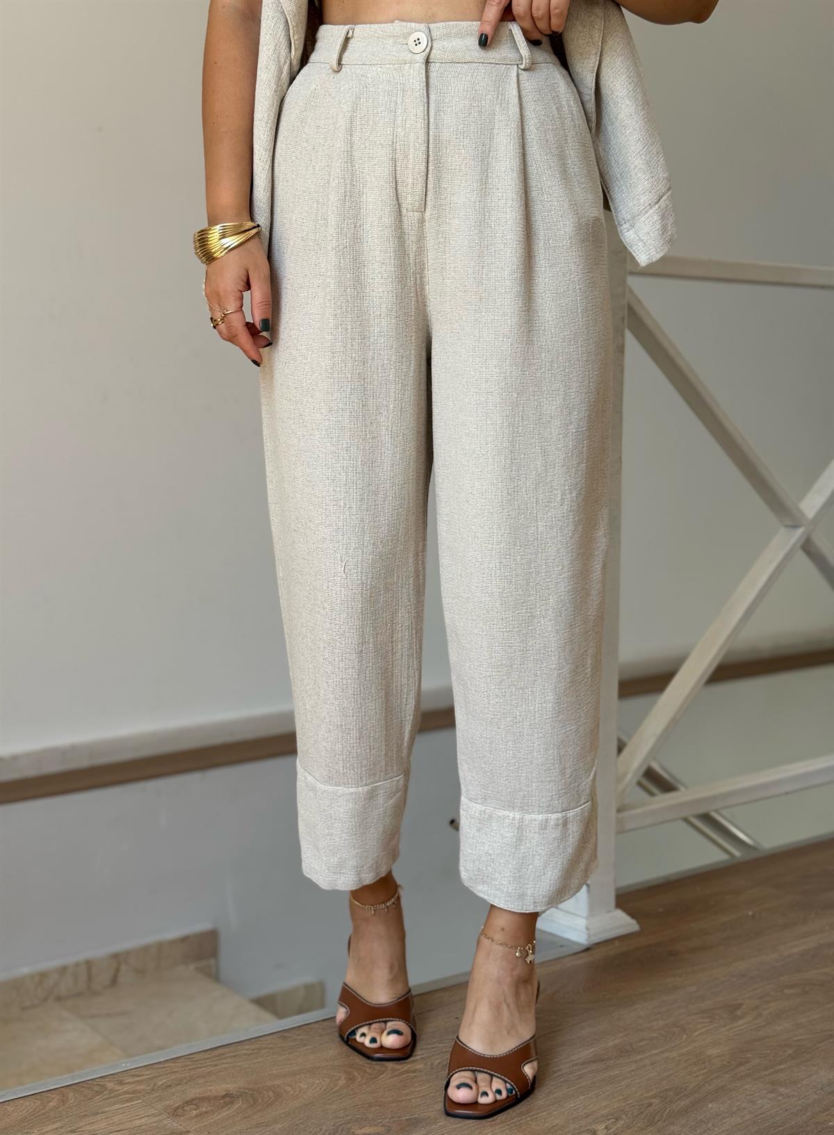 %100 Ham Keten Yelekli Takım - Naturel