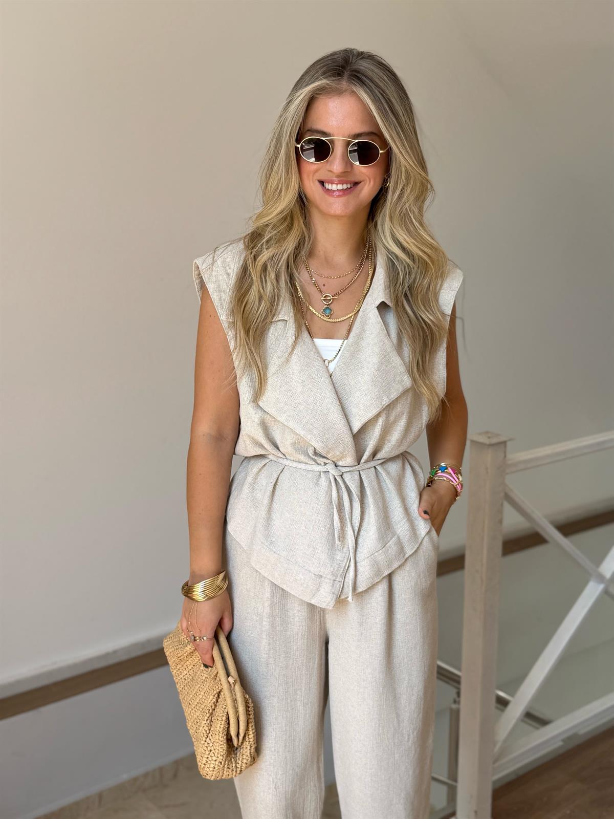 %100 Ham Keten Yelekli Takım - Naturel