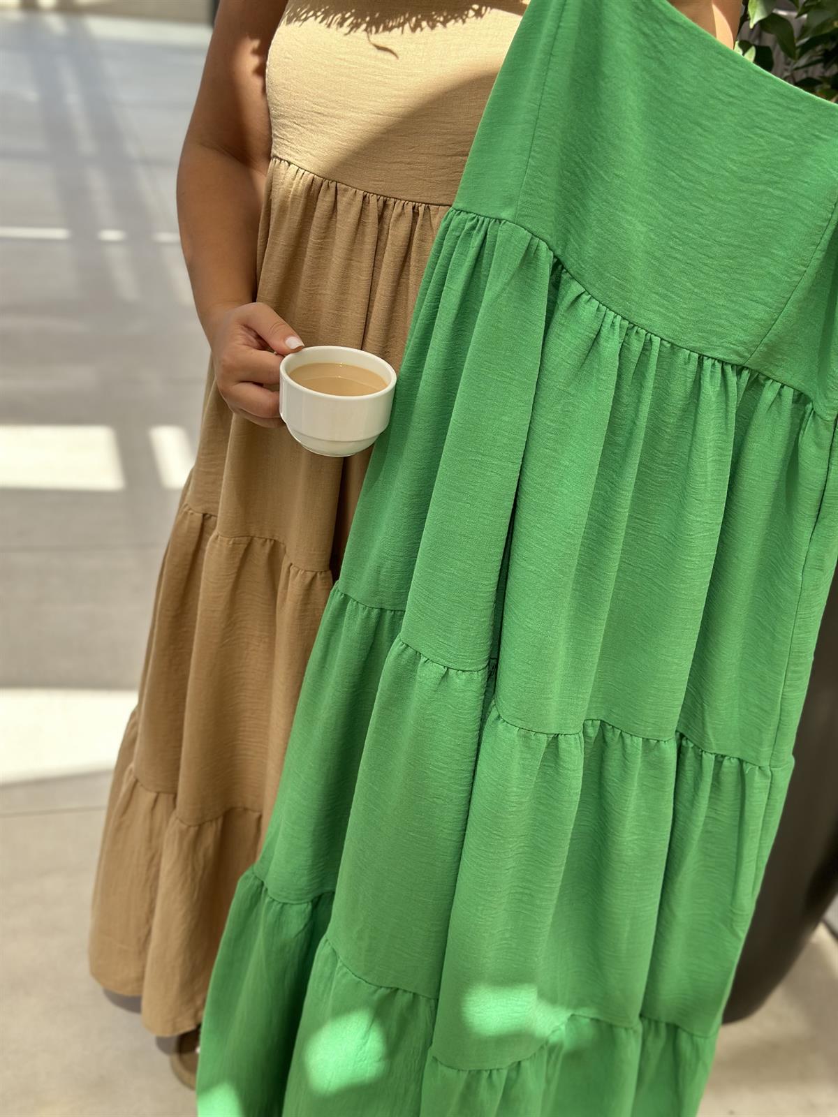 %100 Keten Askıları Ayarlanabilir Elbise-Yeşil