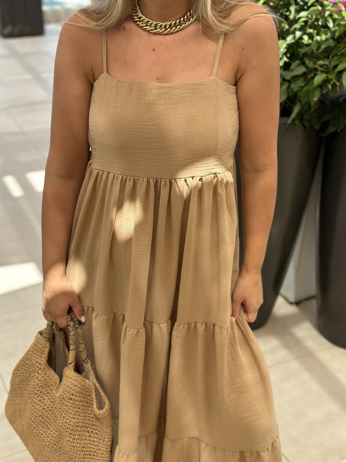 %100 Keten Askıları Ayarlanabilir Elbise - Vizon