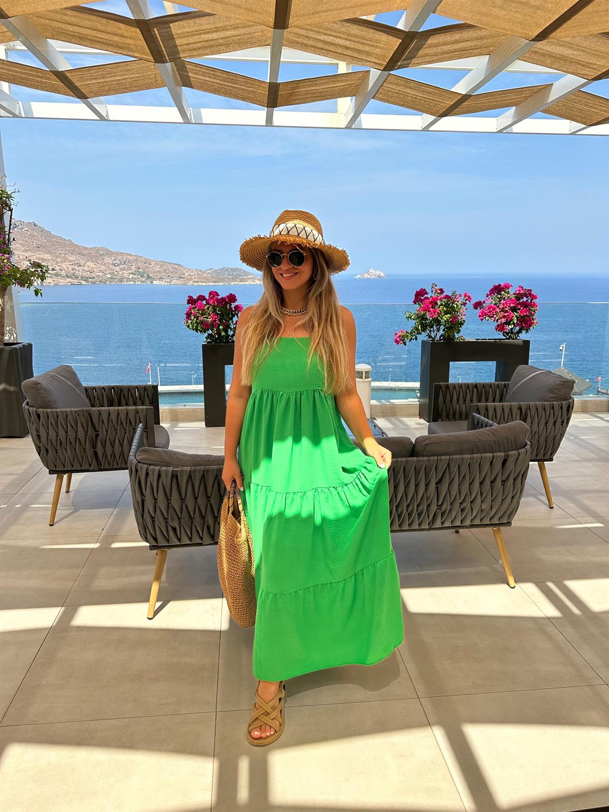 %100 Keten Askıları Ayarlanabilir Elbise-Yeşil