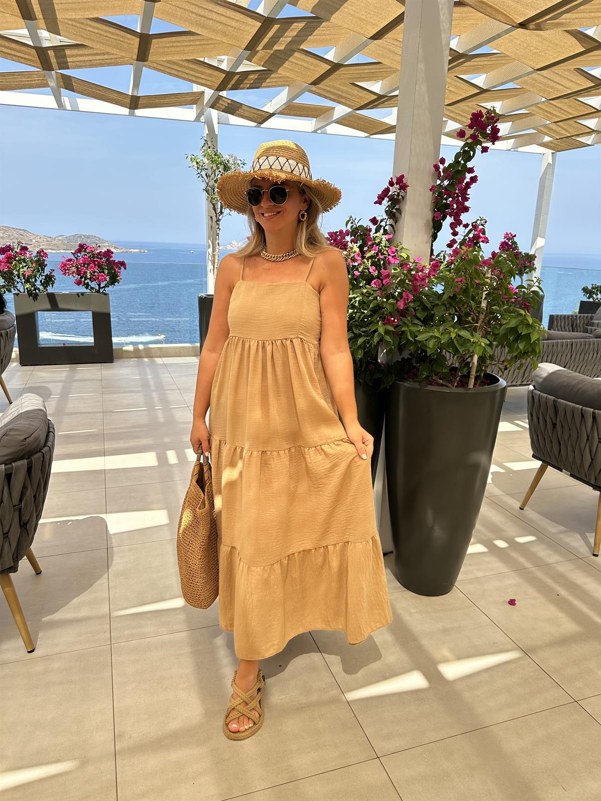 %100 Keten Askıları Ayarlanabilir Elbise - Vizon