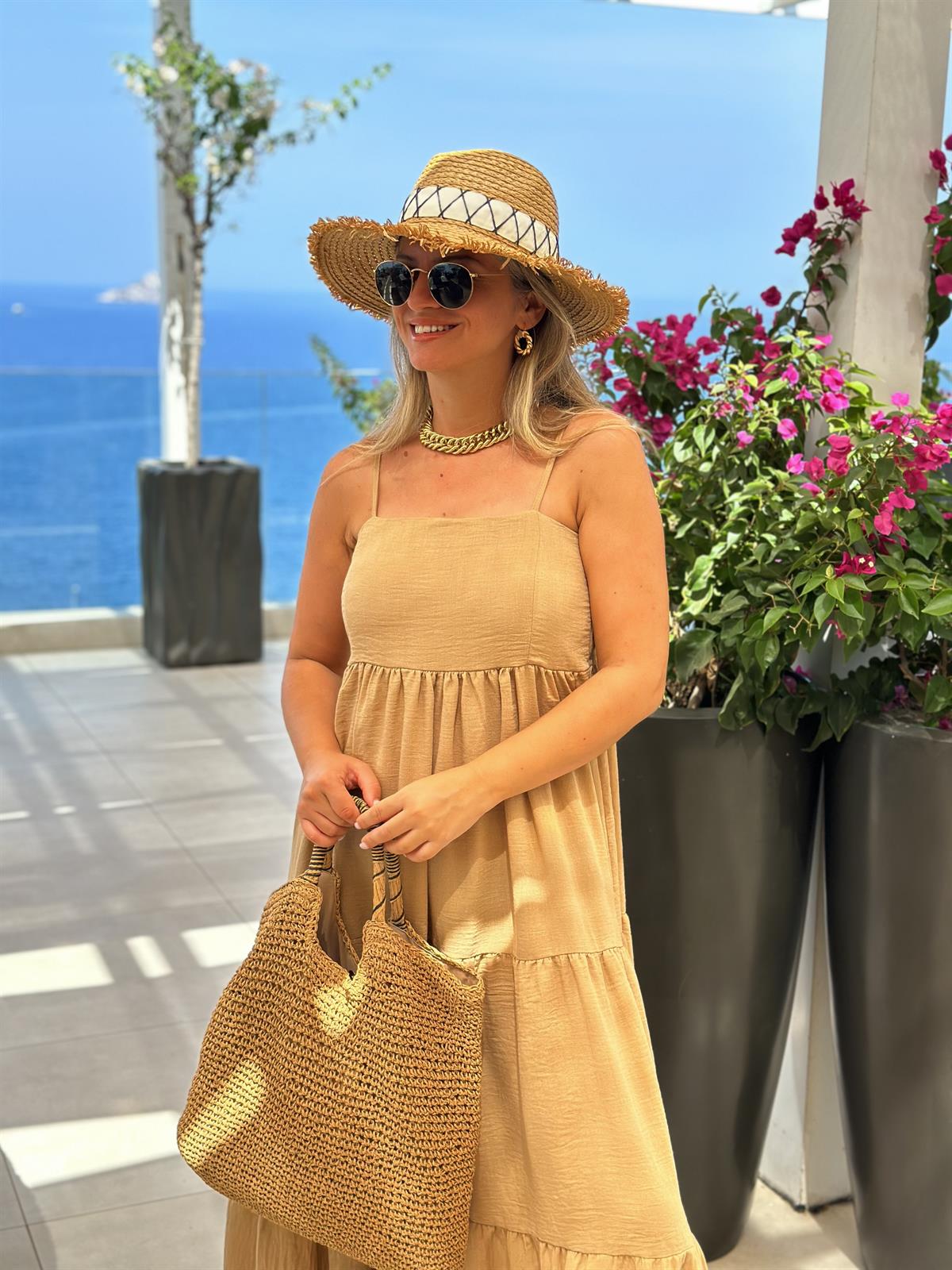 %100 Keten Askıları Ayarlanabilir Elbise - Vizon