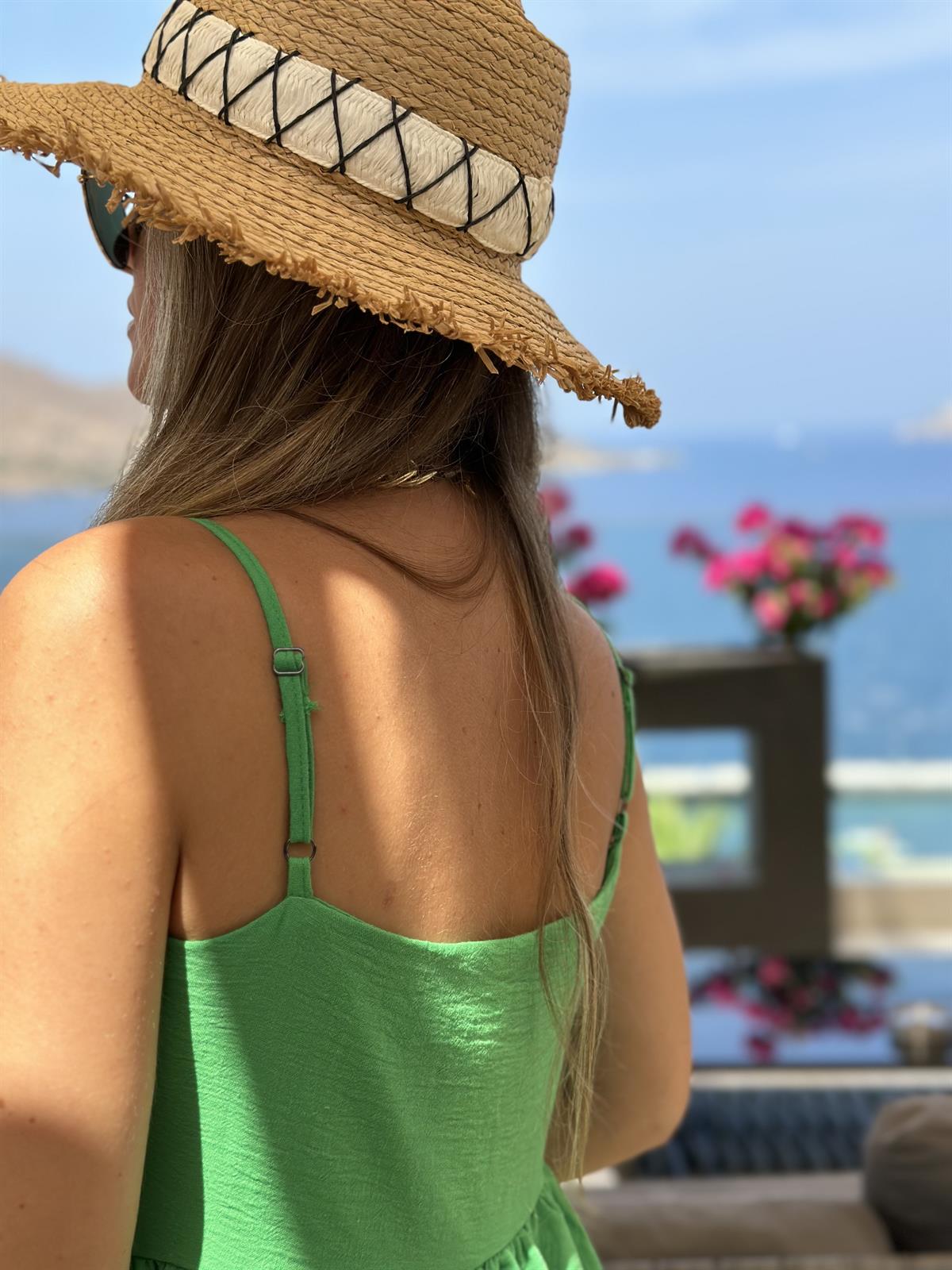 %100 Keten Askıları Ayarlanabilir Elbise-Yeşil