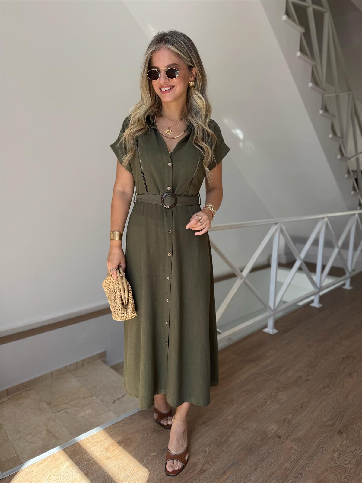 %100 Keten Kemerli Midi Elbise - Haki