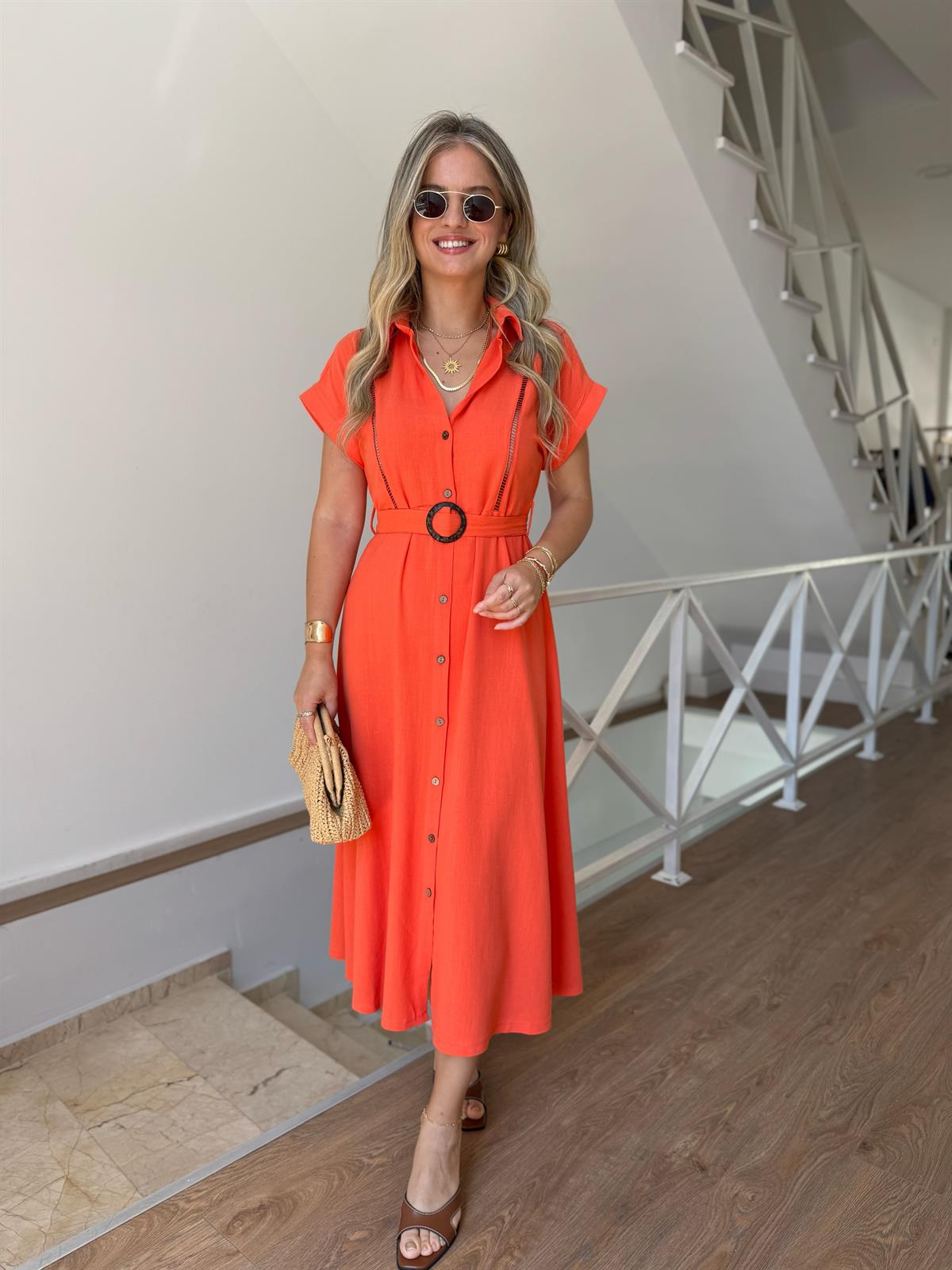 %100 Keten Kemerli Midi Elbise - Nar Çiçeği